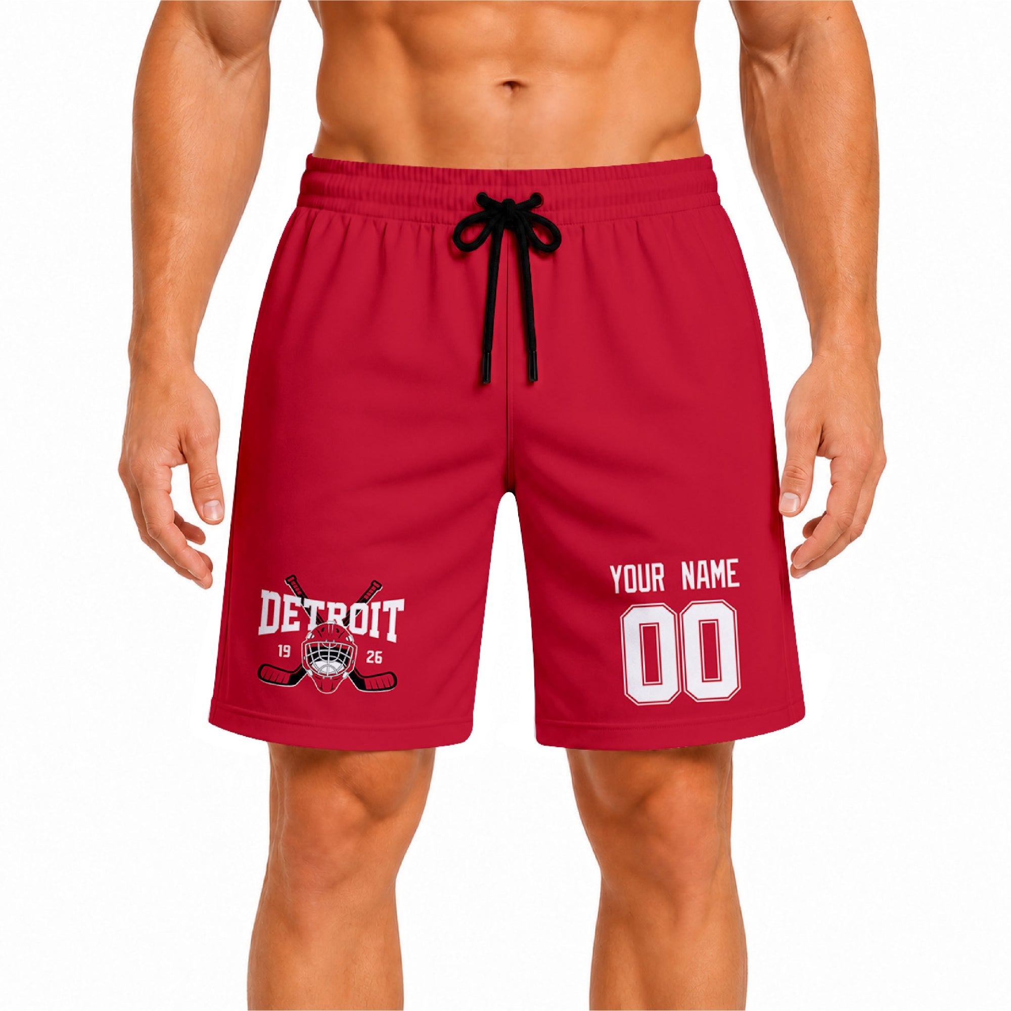 Red Detroit-inspired hockey athletic shorts front view worn by male model, showcasing custom name, number, and team graphic
