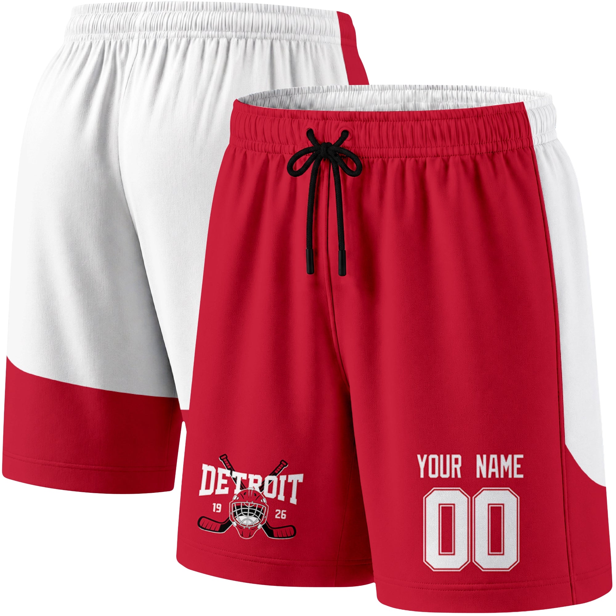 Red color variation hockey athletic shorts shown from front and back angle with elastic waistband and drawstring detail