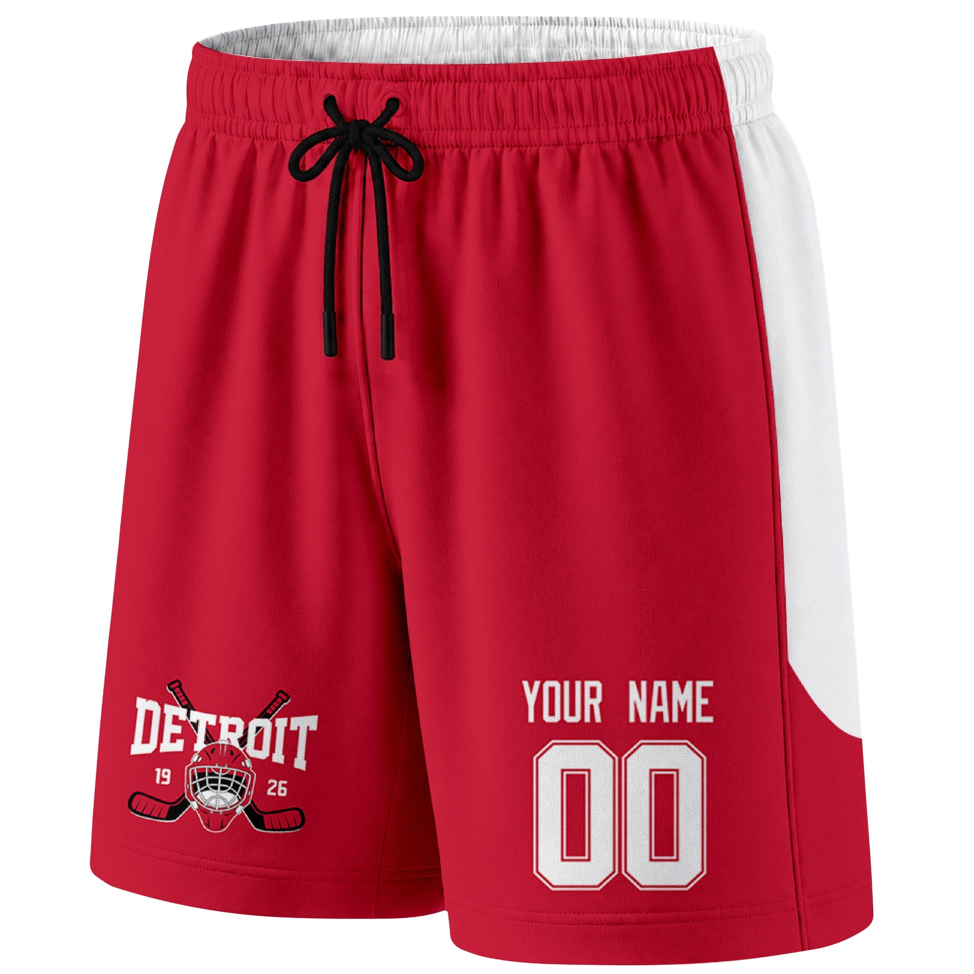 Red Detroit-inspired hockey shorts front view with custom name and number print and hockey logo graphic