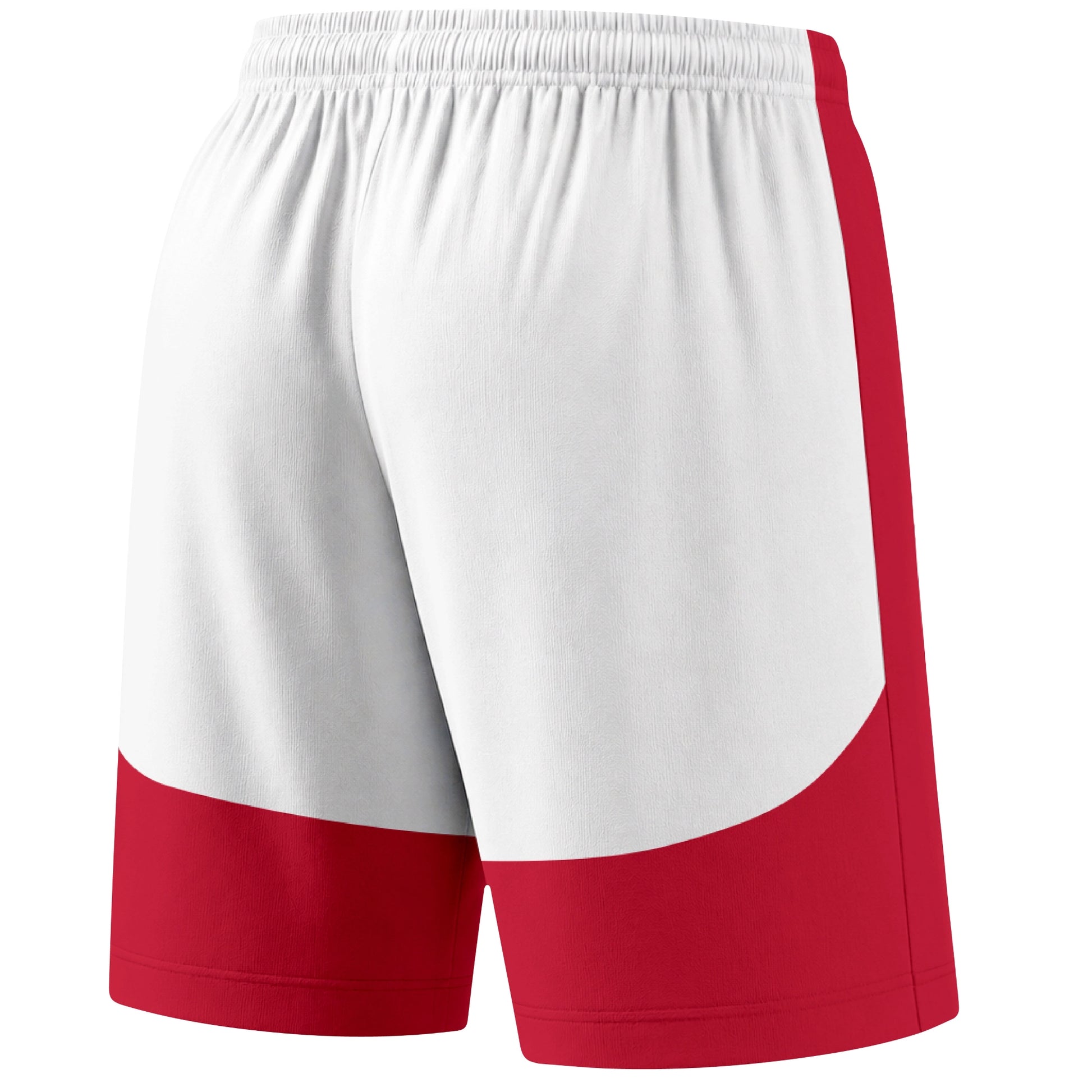 Red color block hockey athletic shorts back and angled view highlighting breathable fabric and athletic fit design