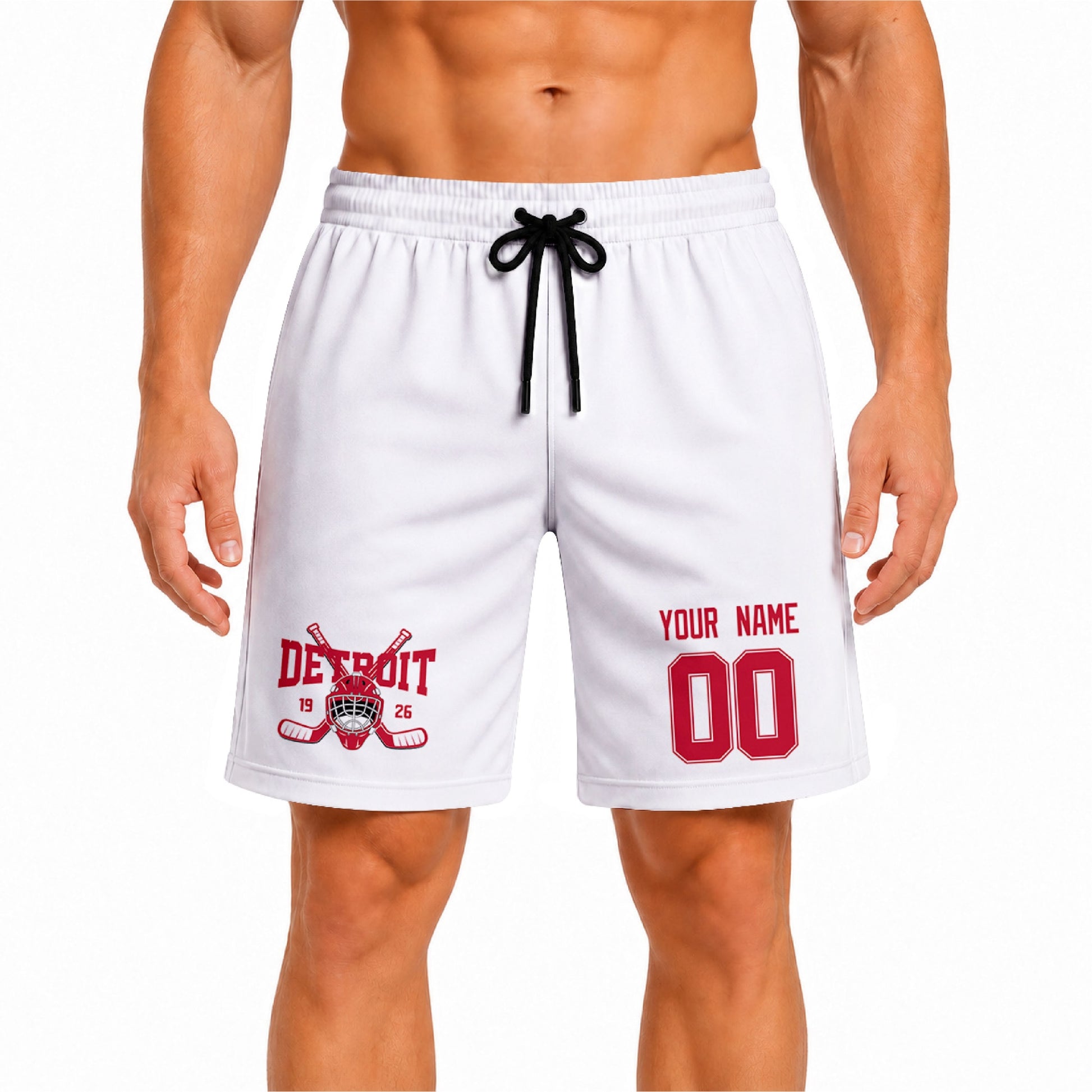 White Detroit-inspired hockey athletic shorts front view worn by male model, showcasing custom name, number, and team graphic