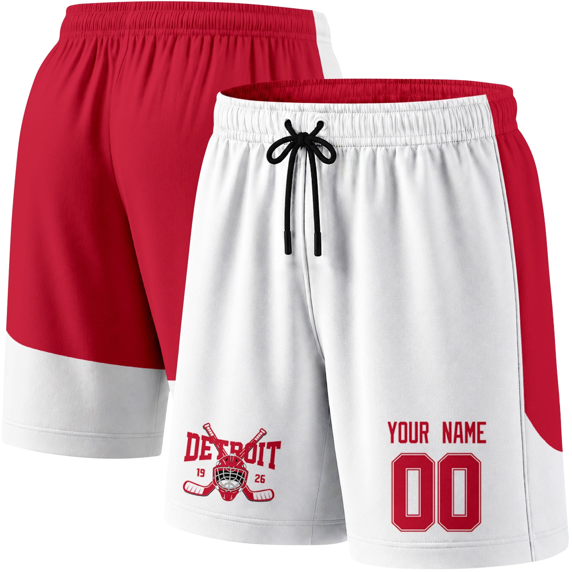 White color variation hockey athletic shorts shown from front and back angle with elastic waistband and drawstring detail
