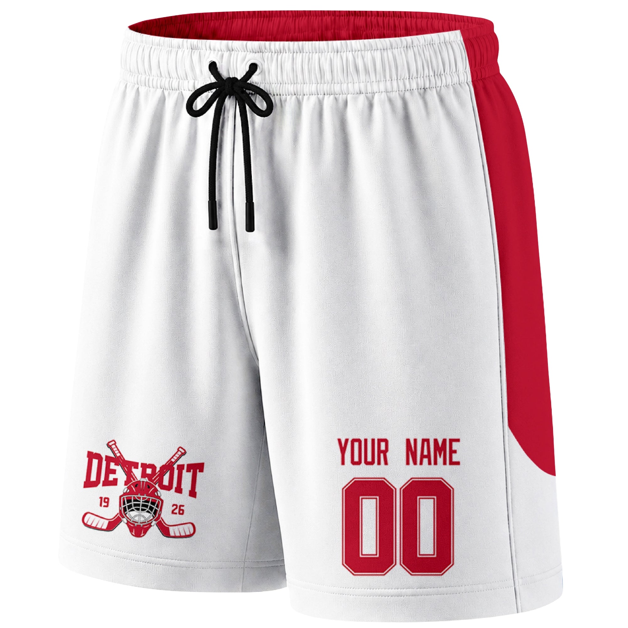 White Detroit-inspired hockey shorts front view with custom name and number print and hockey logo graphic