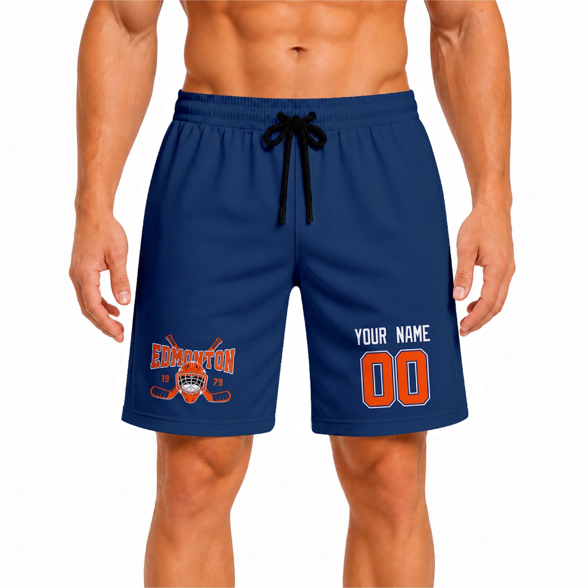 Royal Edmonton-inspired hockey athletic shorts front view worn by male model, showcasing custom name, number, and team graphic