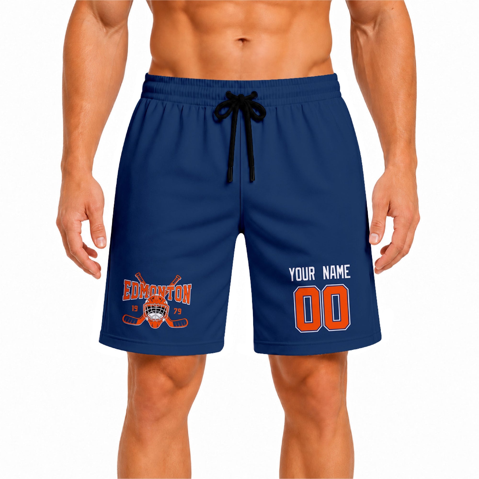 Royal Edmonton-inspired hockey athletic shorts front view worn by male model, showcasing custom name, number, and team graphic