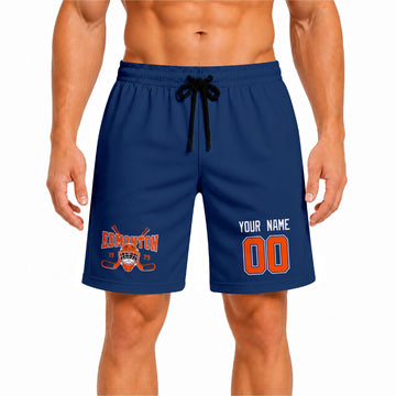 Royal Edmonton-inspired hockey athletic shorts front view worn by male model, showcasing custom name, number, and team graphic