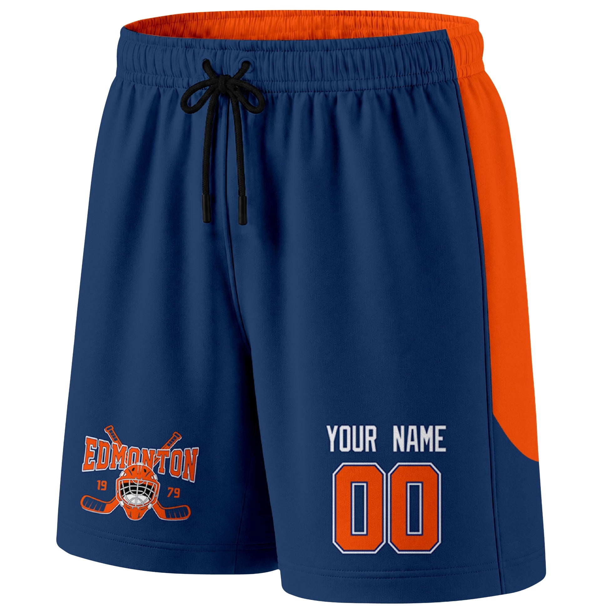 Royal Edmonton-inspired hockey shorts front view with custom name and number print and hockey logo graphic