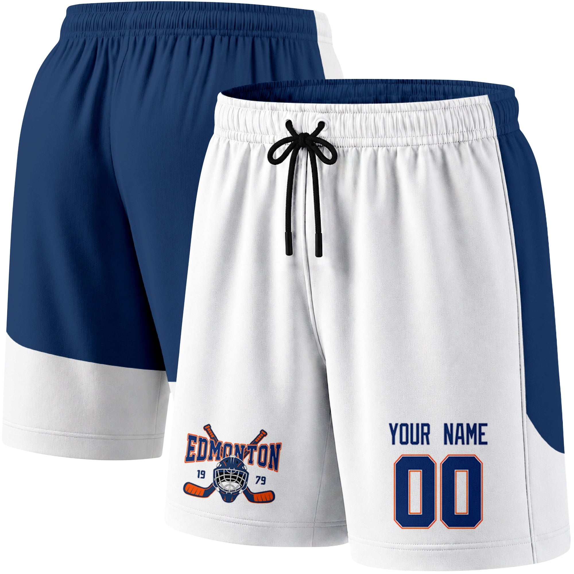 White color variation hockey athletic shorts shown from front and back angle with elastic waistband and drawstring detail