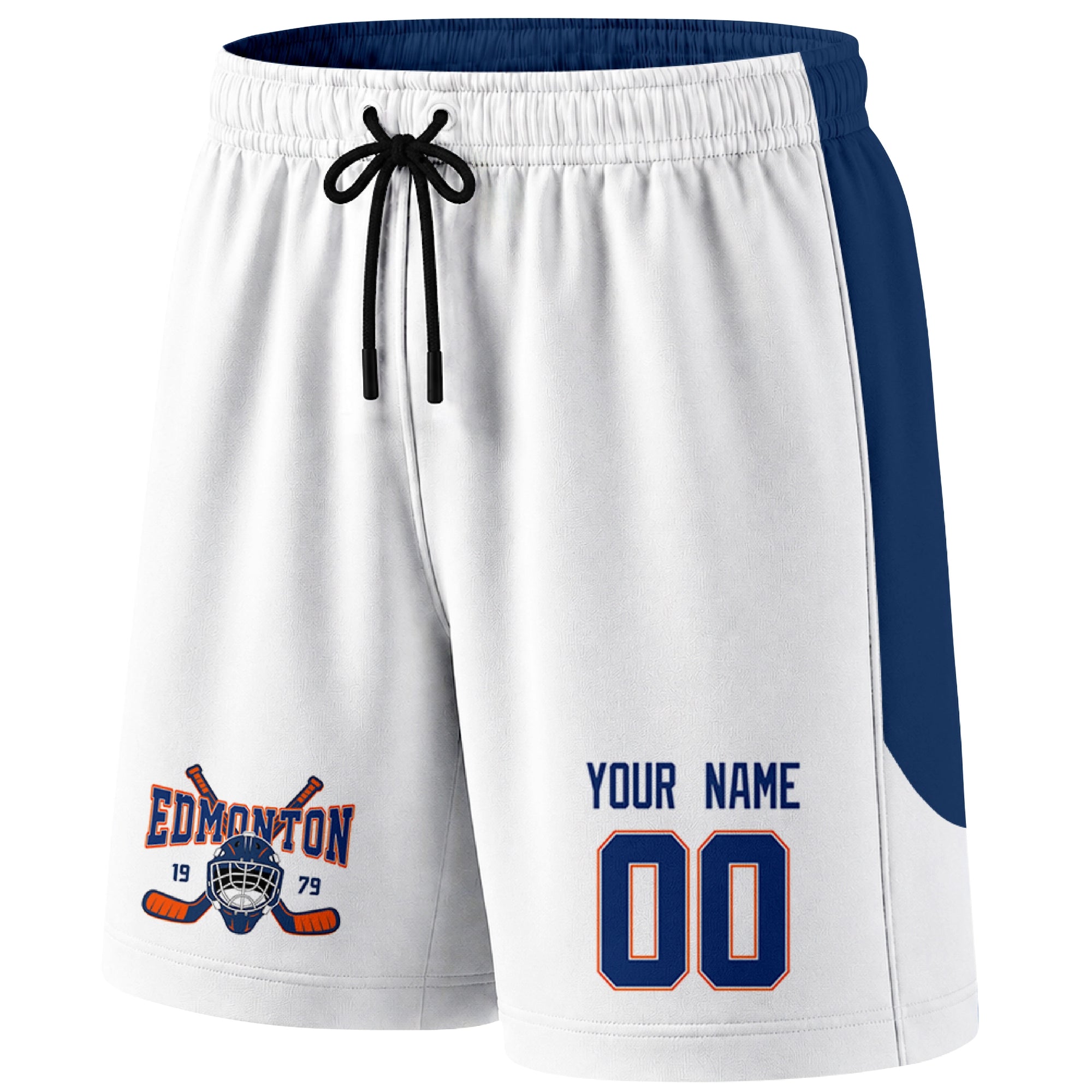 White Edmonton-inspired hockey shorts front view with custom name and number print and hockey logo graphic