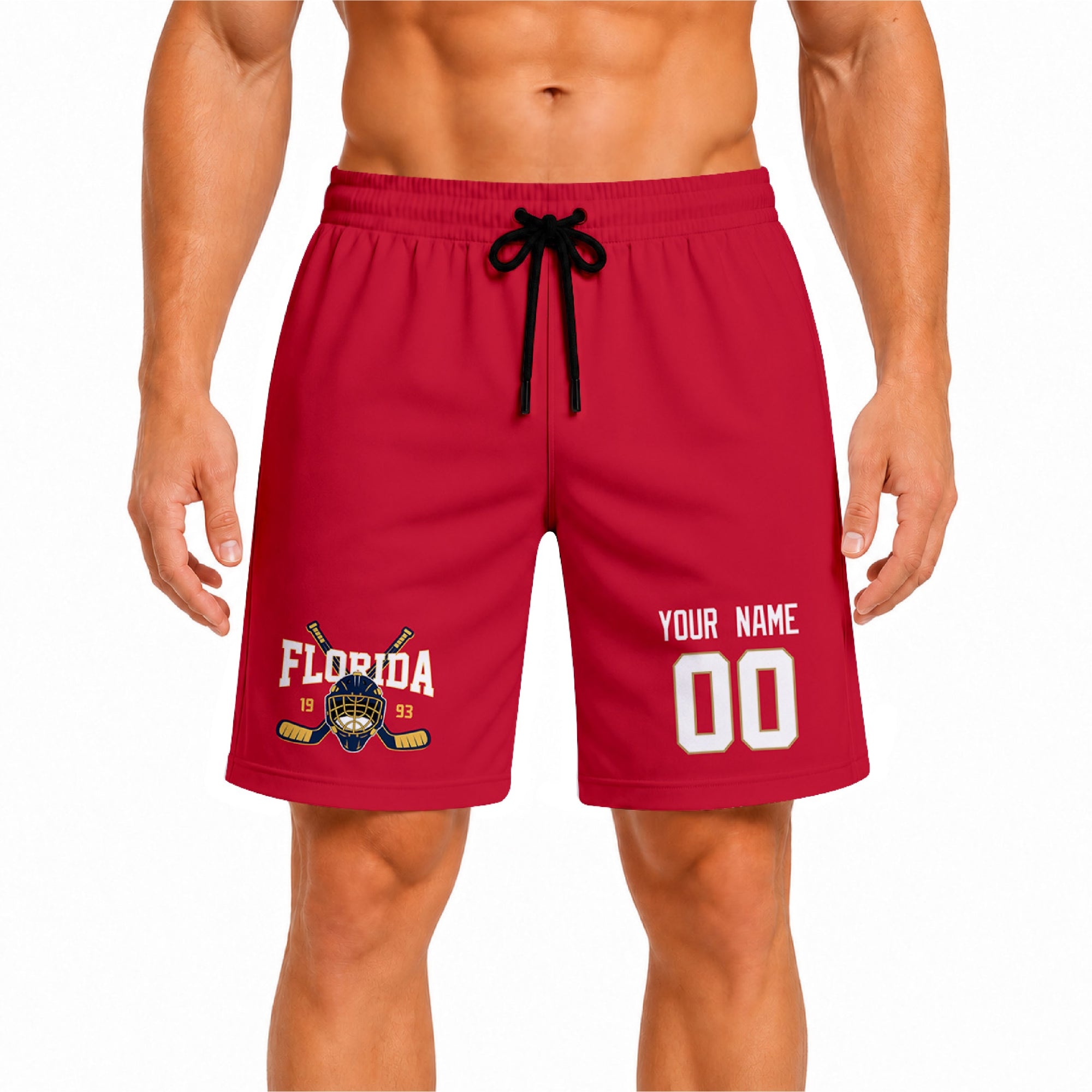Red Florida-inspired hockey athletic shorts front view worn by male model, showcasing custom name, number, and team graphic