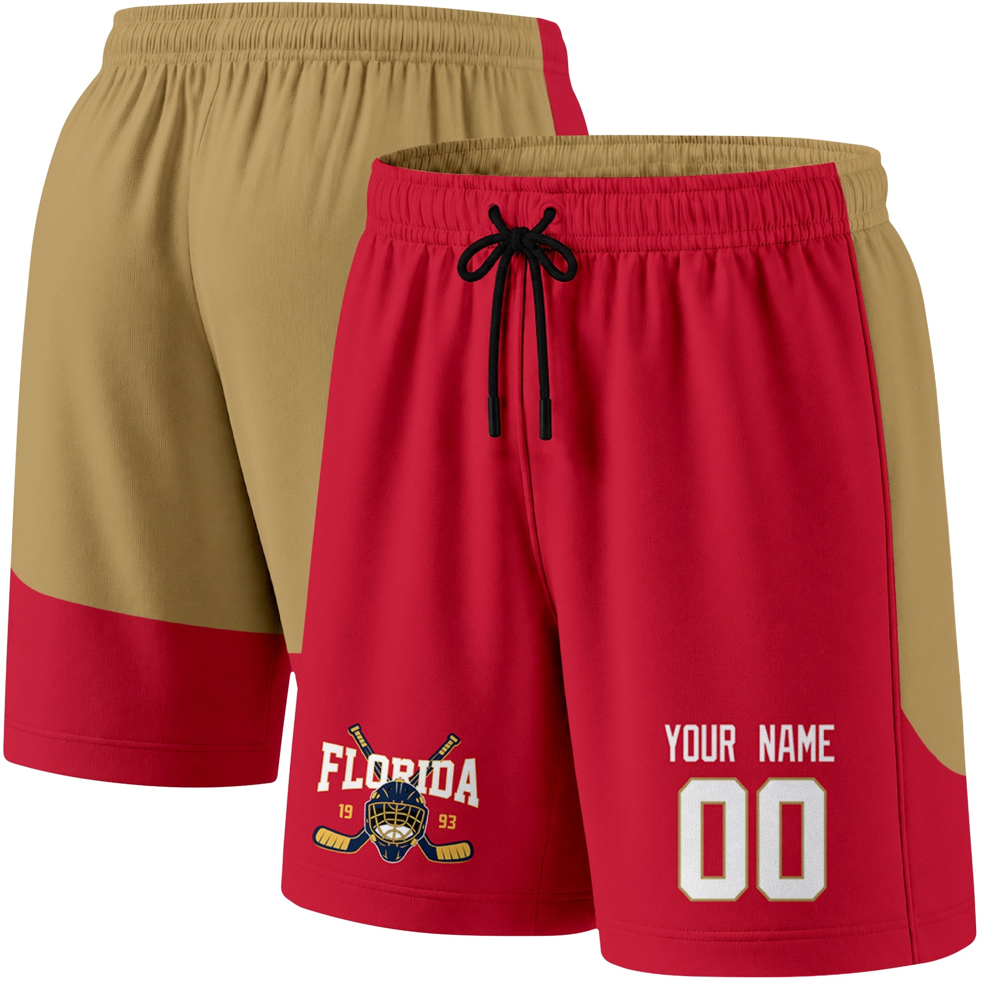 Red color variation hockey athletic shorts shown from front and back angle with elastic waistband and drawstring detail