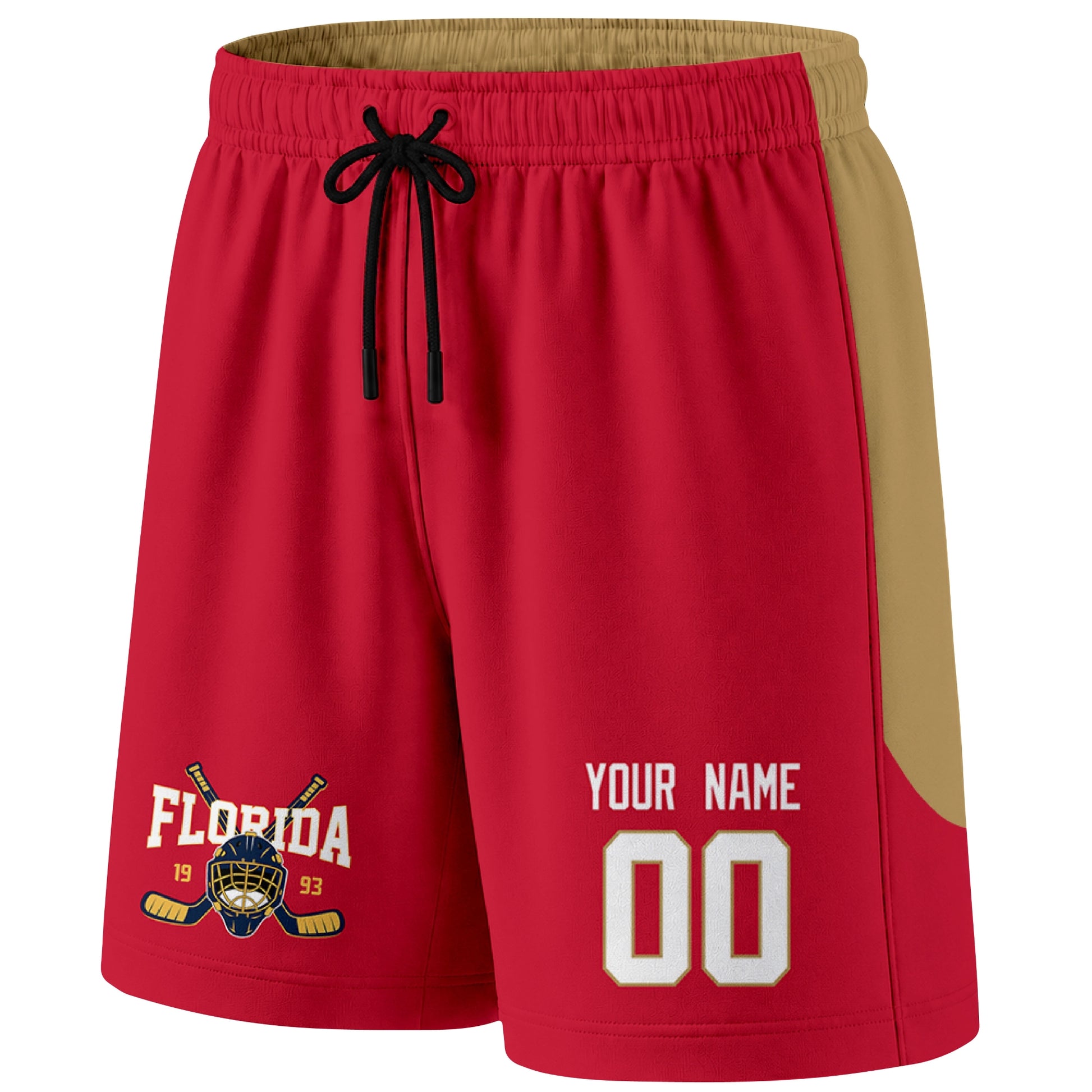 Red Florida-inspired hockey shorts front view with custom name and number print and hockey logo graphic