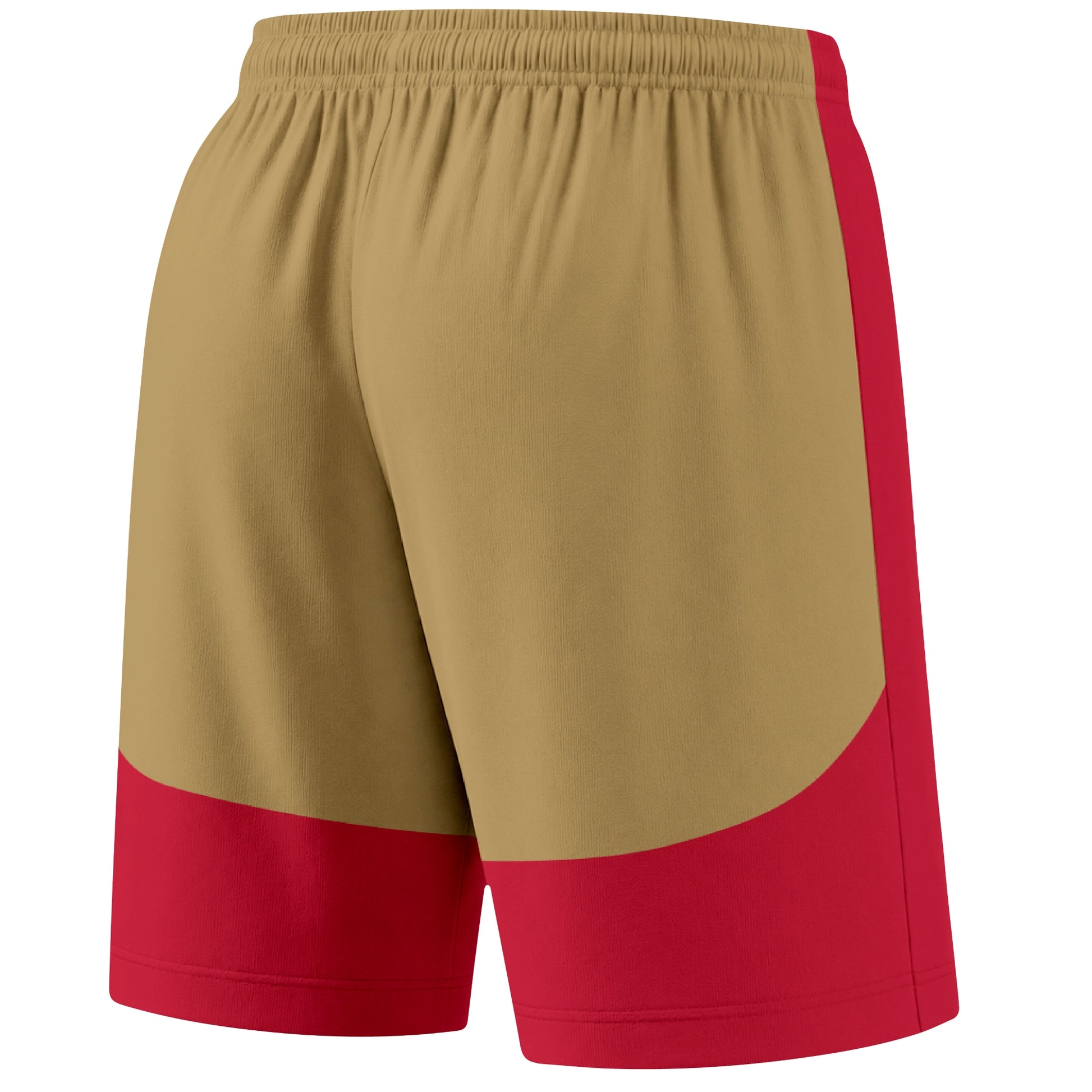 Red color block hockey athletic shorts back and angled view highlighting breathable fabric and athletic fit design