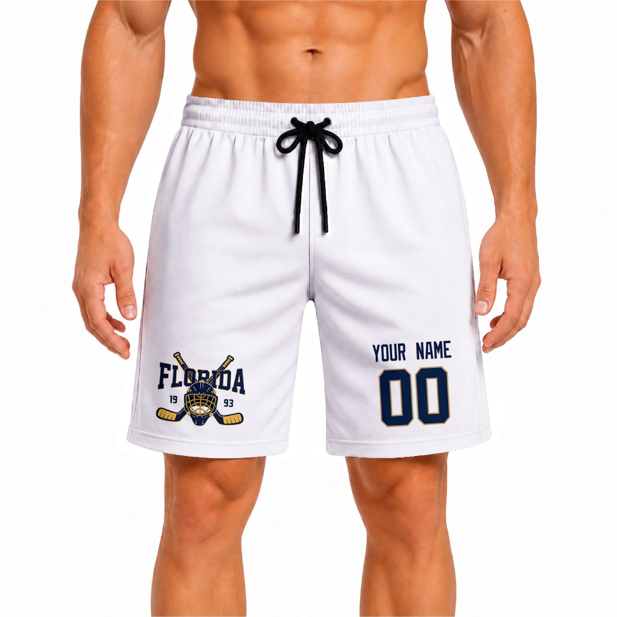 White Florida-inspired hockey athletic shorts front view worn by male model, showcasing custom name, number, and team graphic