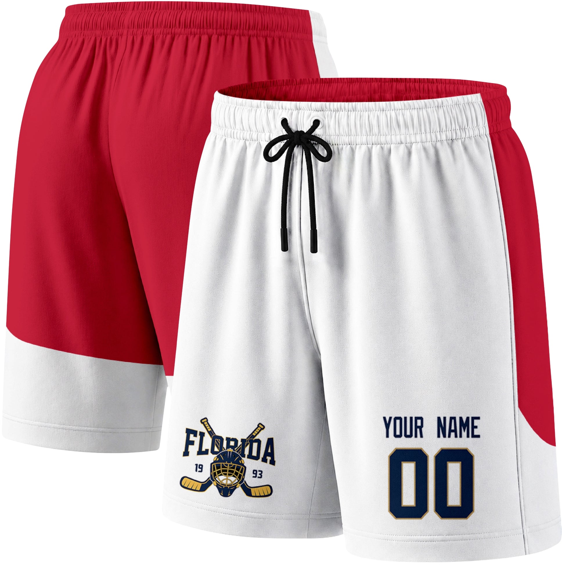 White color variation hockey athletic shorts shown from front and back angle with elastic waistband and drawstring detail
