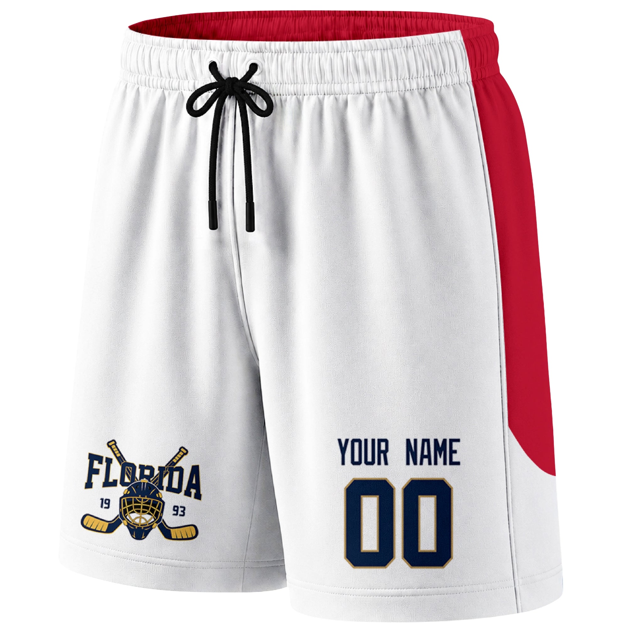 White Florida-inspired hockey shorts front view with custom name and number print and hockey logo graphic