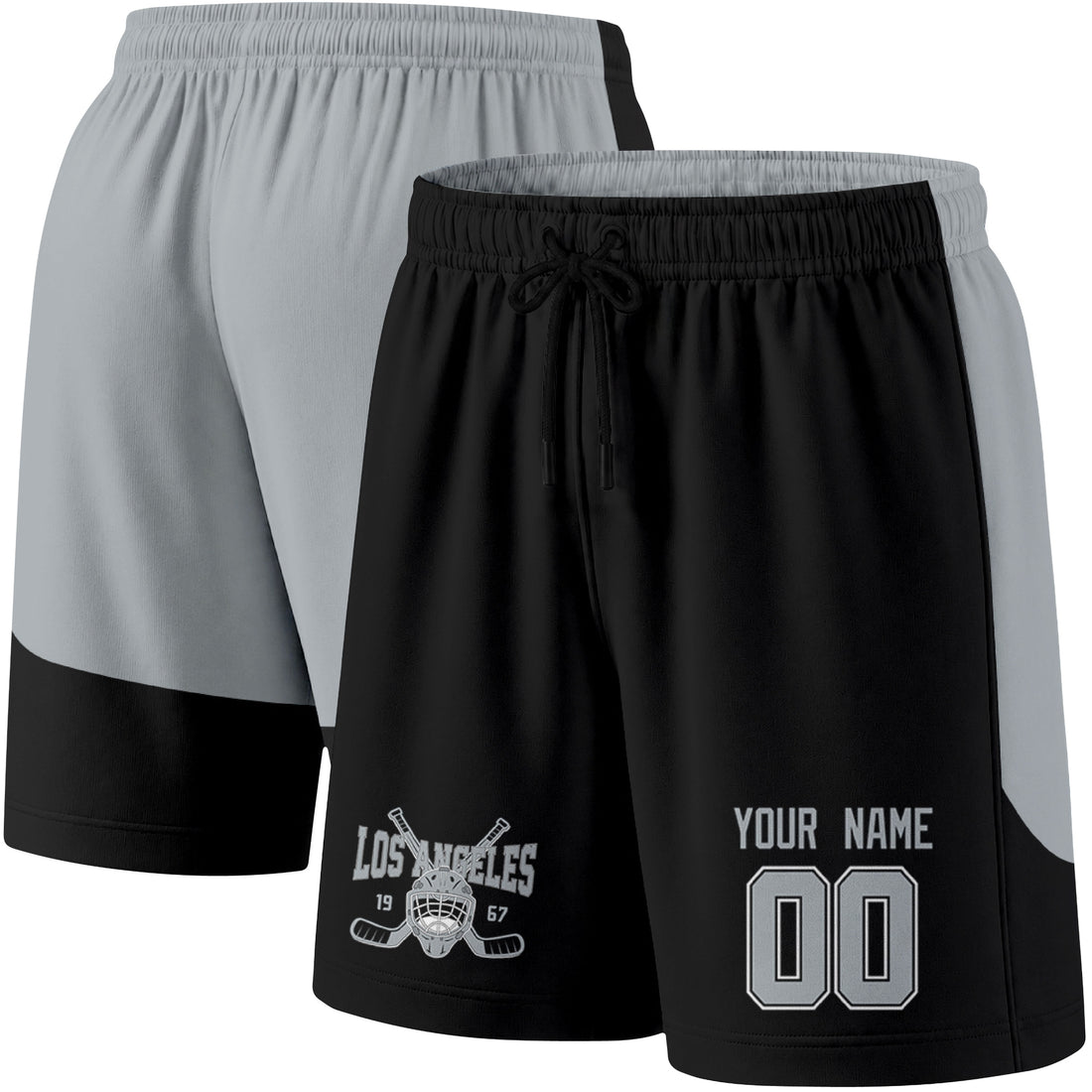Black Los Angeles-inspired hockey athletic shorts front view worn by male model, showcasing custom name, number, and team graphic