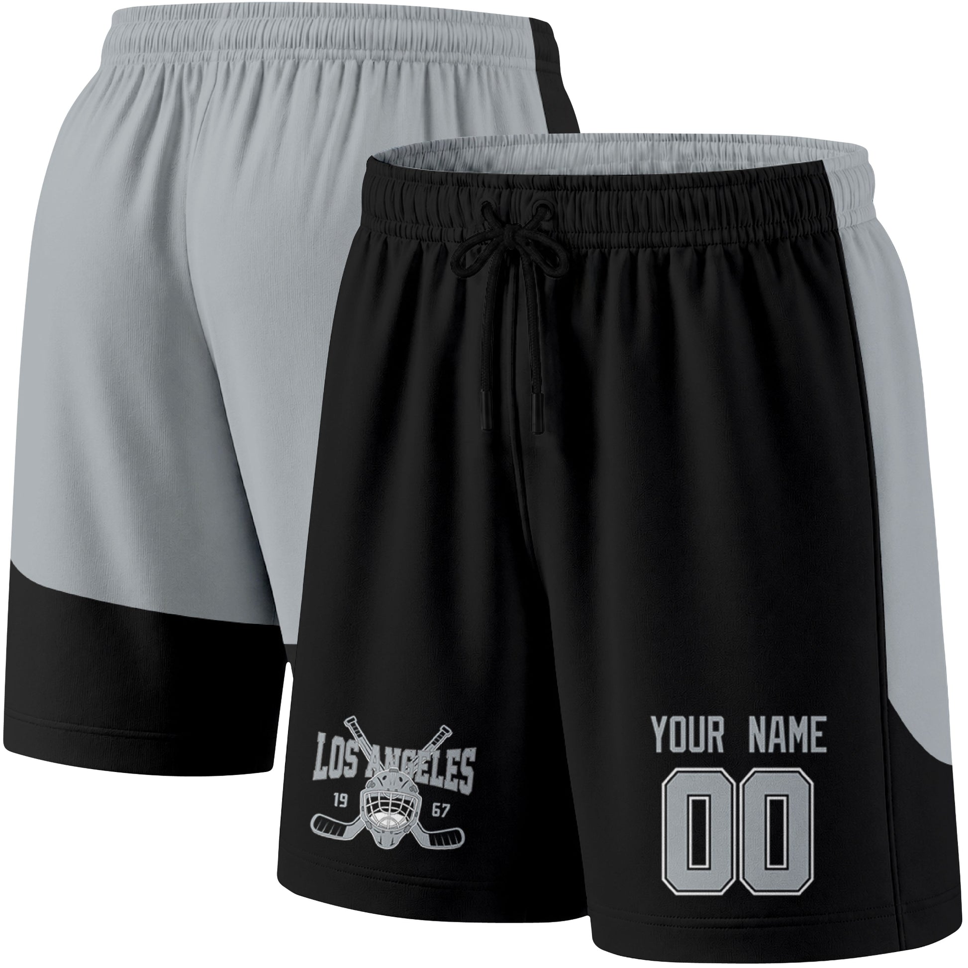 Black color variation hockey athletic shorts shown from front and back angle with elastic waistband and drawstring detail
