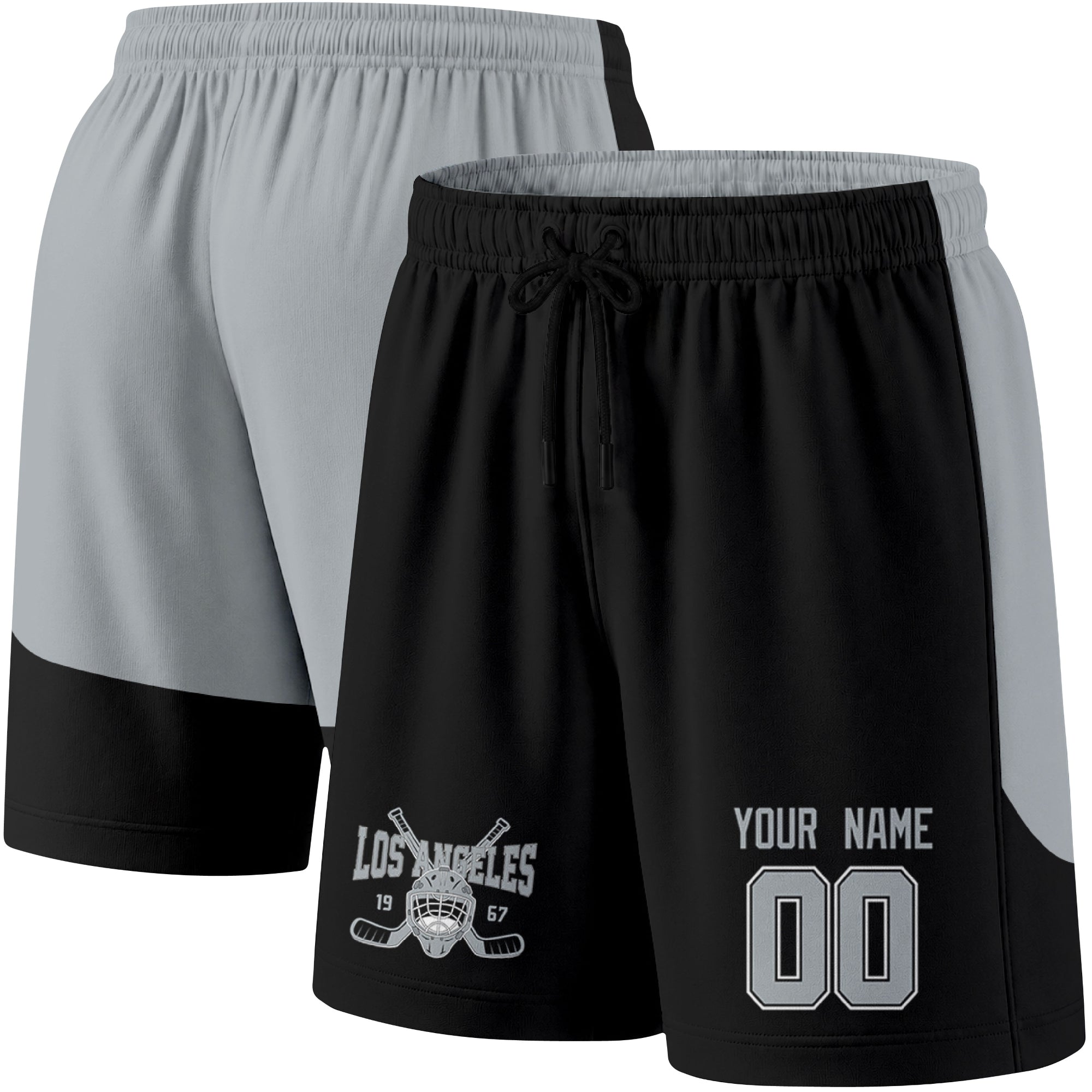 Black color variation hockey athletic shorts shown from front and back angle with elastic waistband and drawstring detail