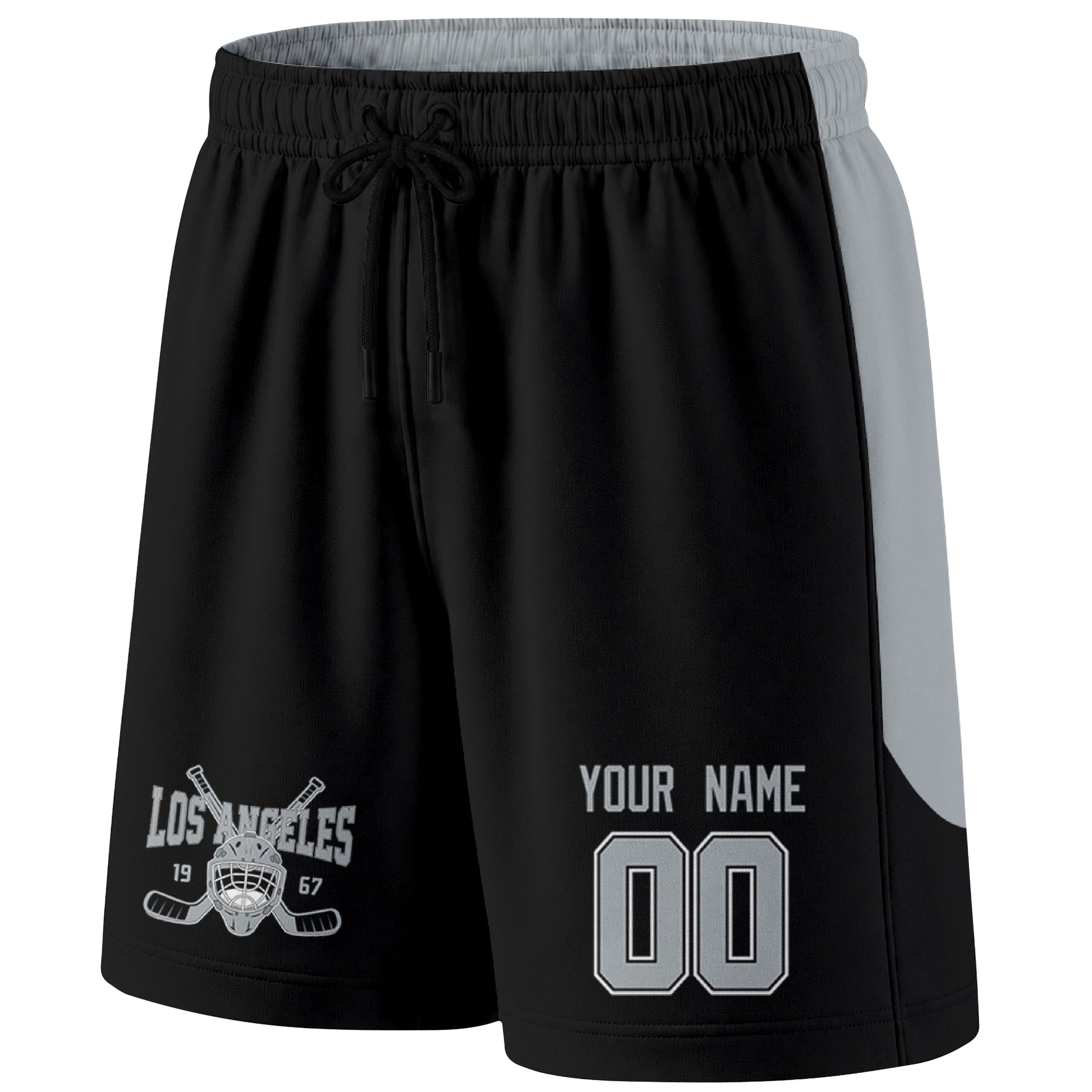 Black Los Angeles-inspired hockey shorts front view with custom name and number print and hockey logo graphic