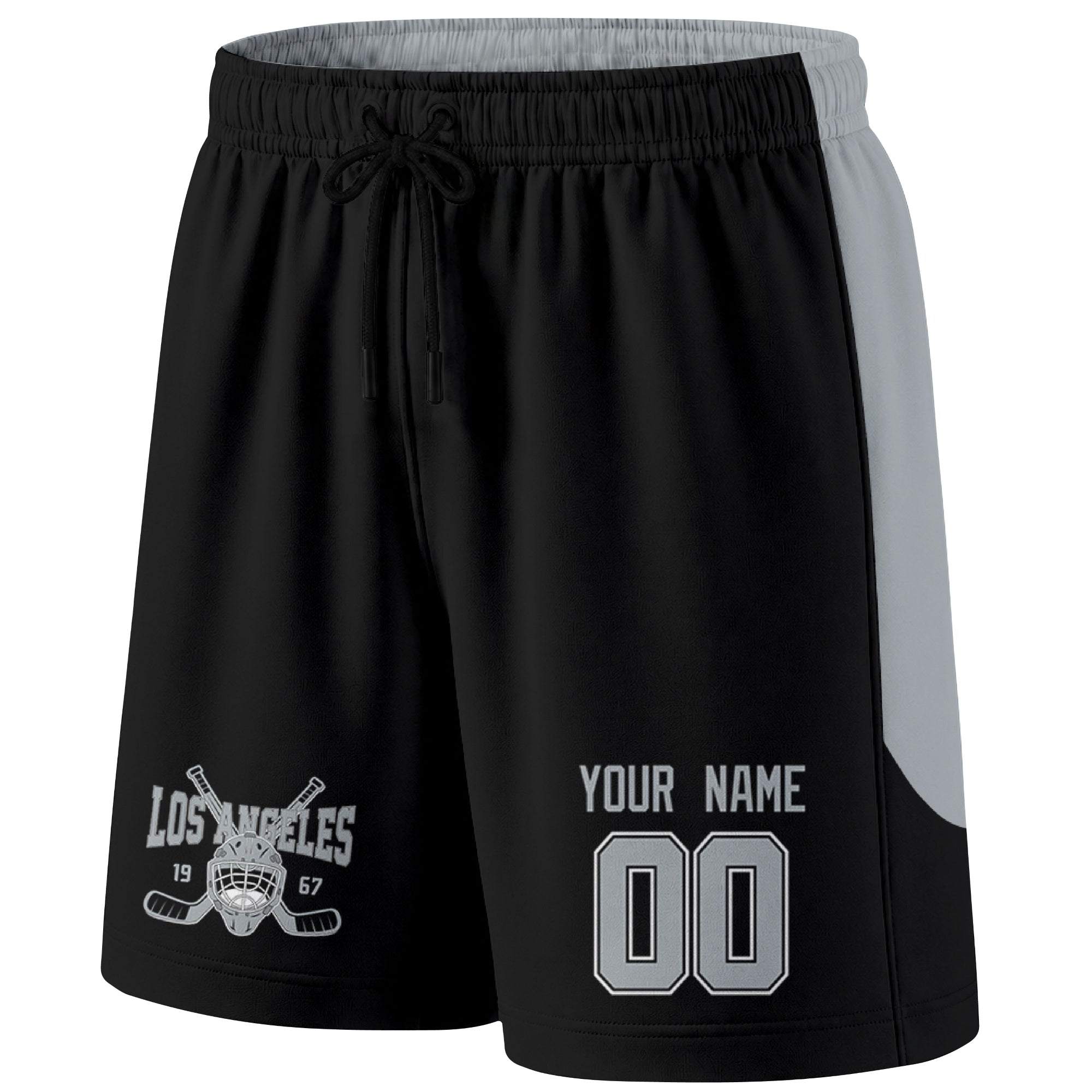 Black Los Angeles-inspired hockey shorts front view with custom name and number print and hockey logo graphic