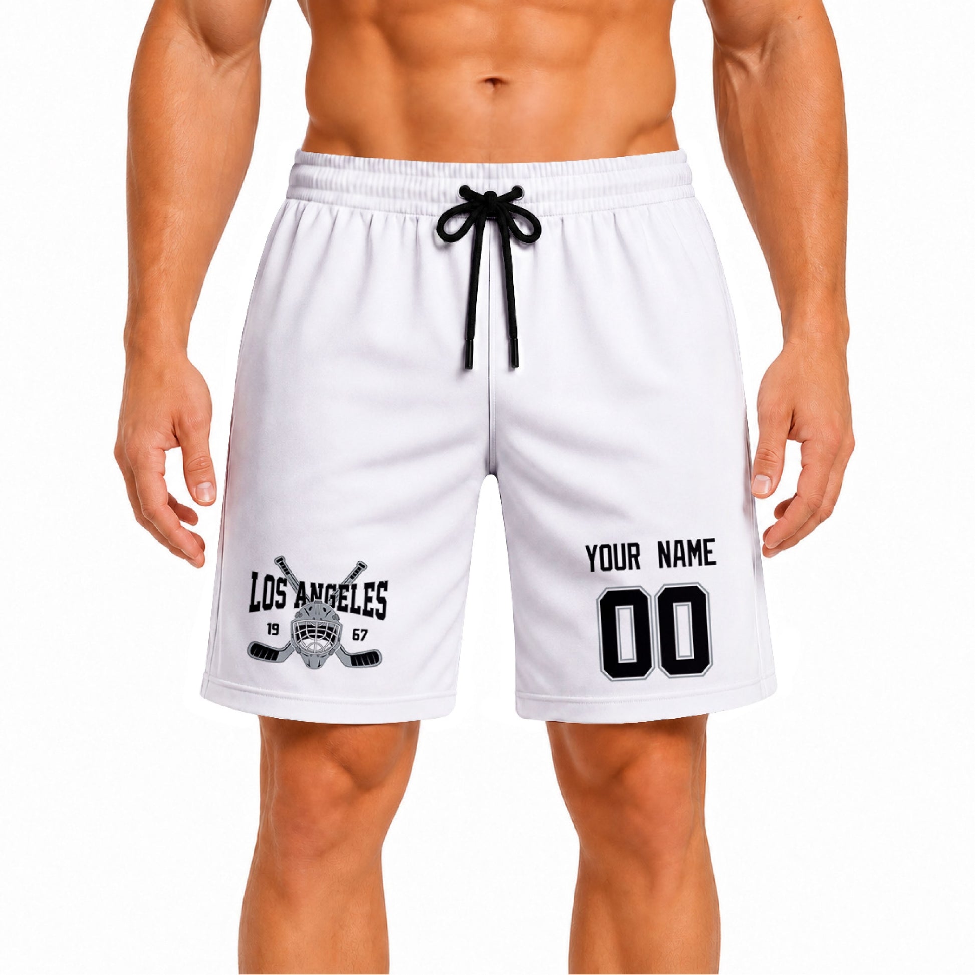 White Los Angeles-inspired hockey athletic shorts front view worn by male model, showcasing custom name, number, and team graphic