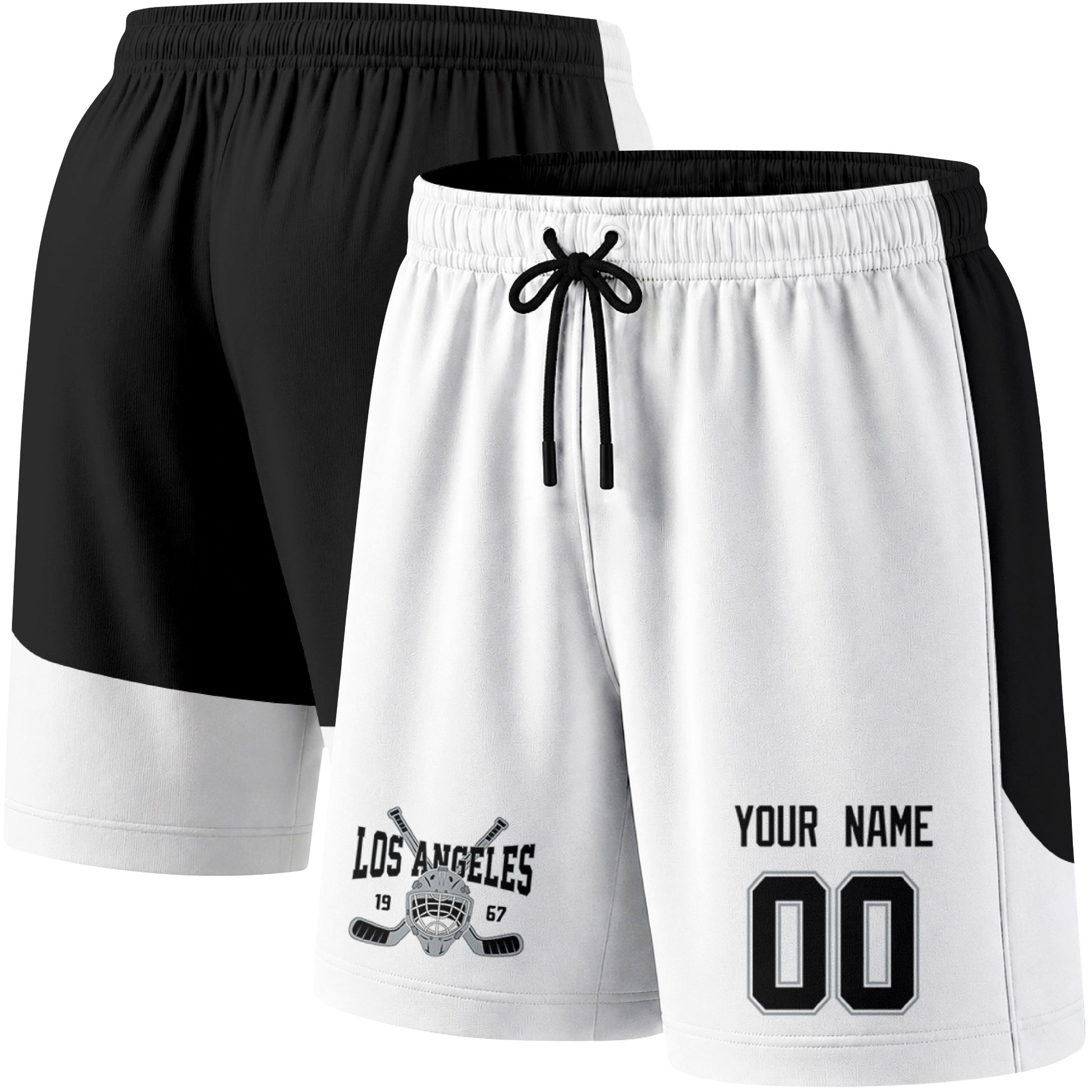 White color variation hockey athletic shorts shown from front and back angle with elastic waistband and drawstring detail