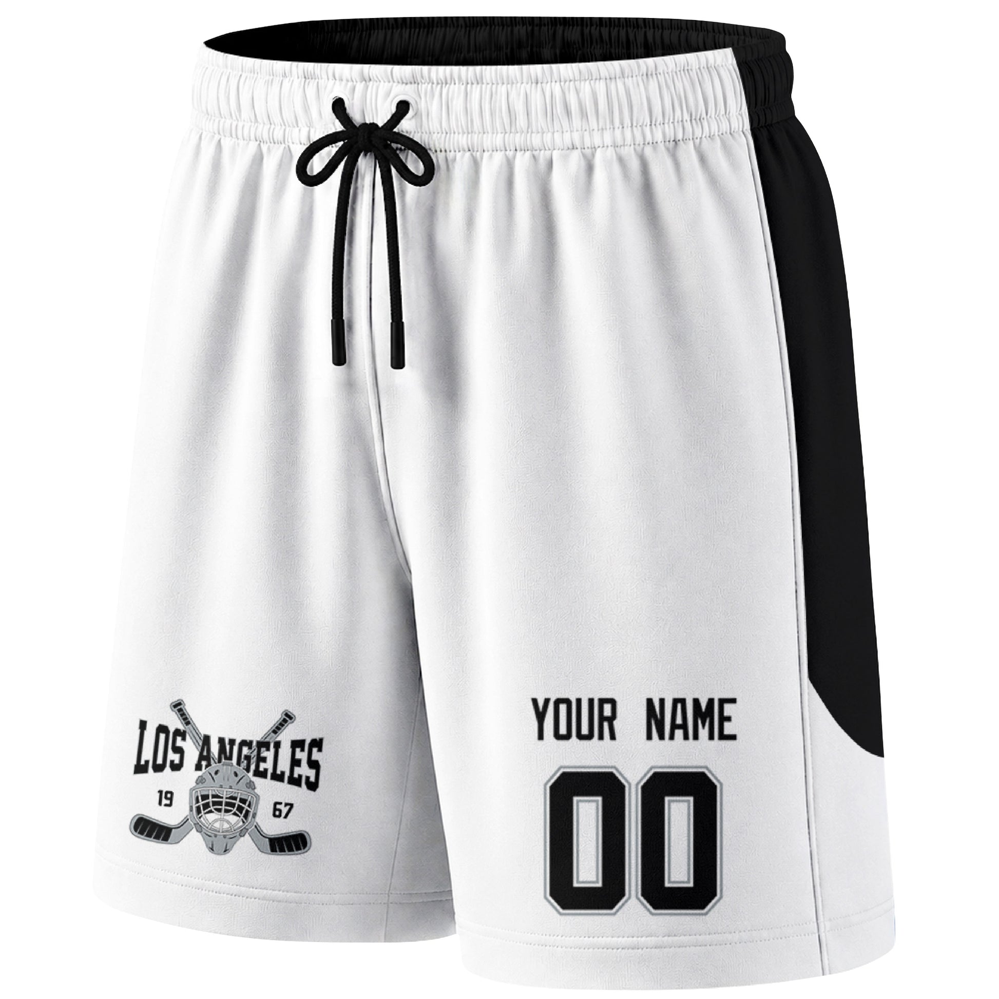 White Los Angeles-inspired hockey shorts front view with custom name and number print and hockey logo graphic