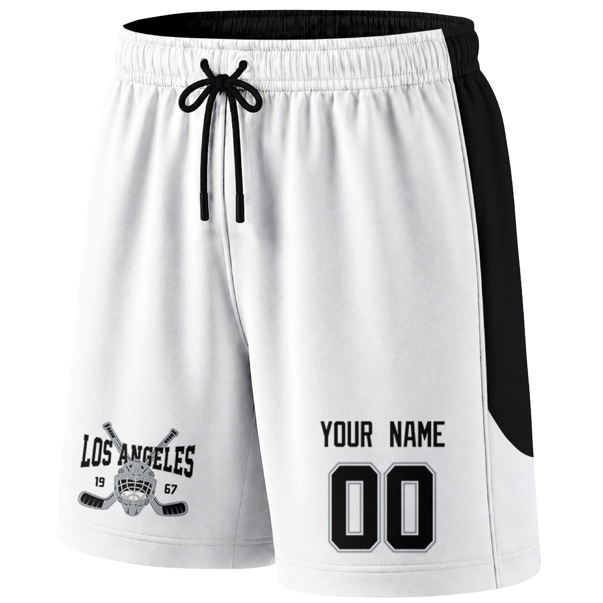 White Los Angeles-inspired hockey shorts front view with custom name and number print and hockey logo graphic