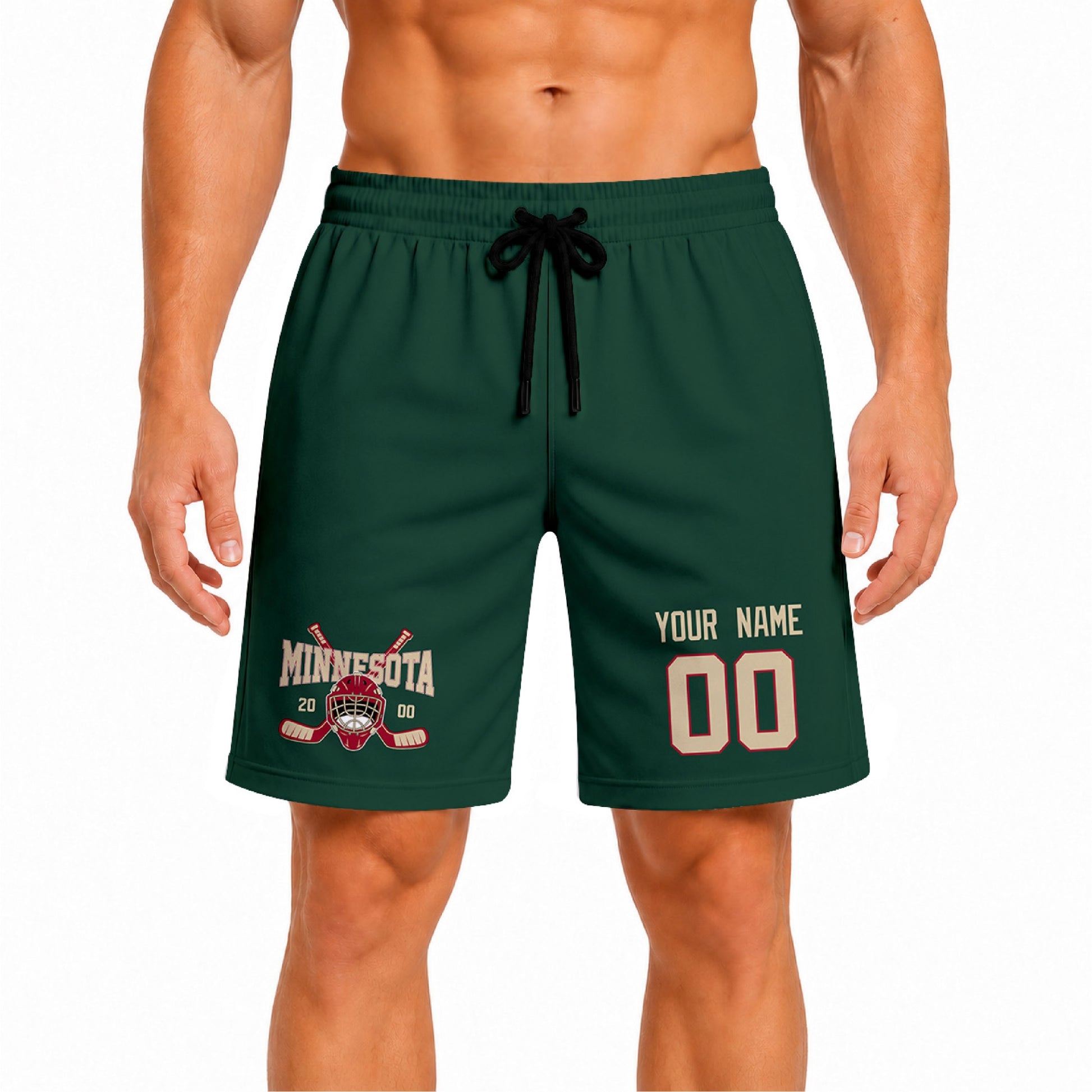 Green Minnesota-inspired hockey athletic shorts front view worn by male model, showcasing custom name, number, and team graphic