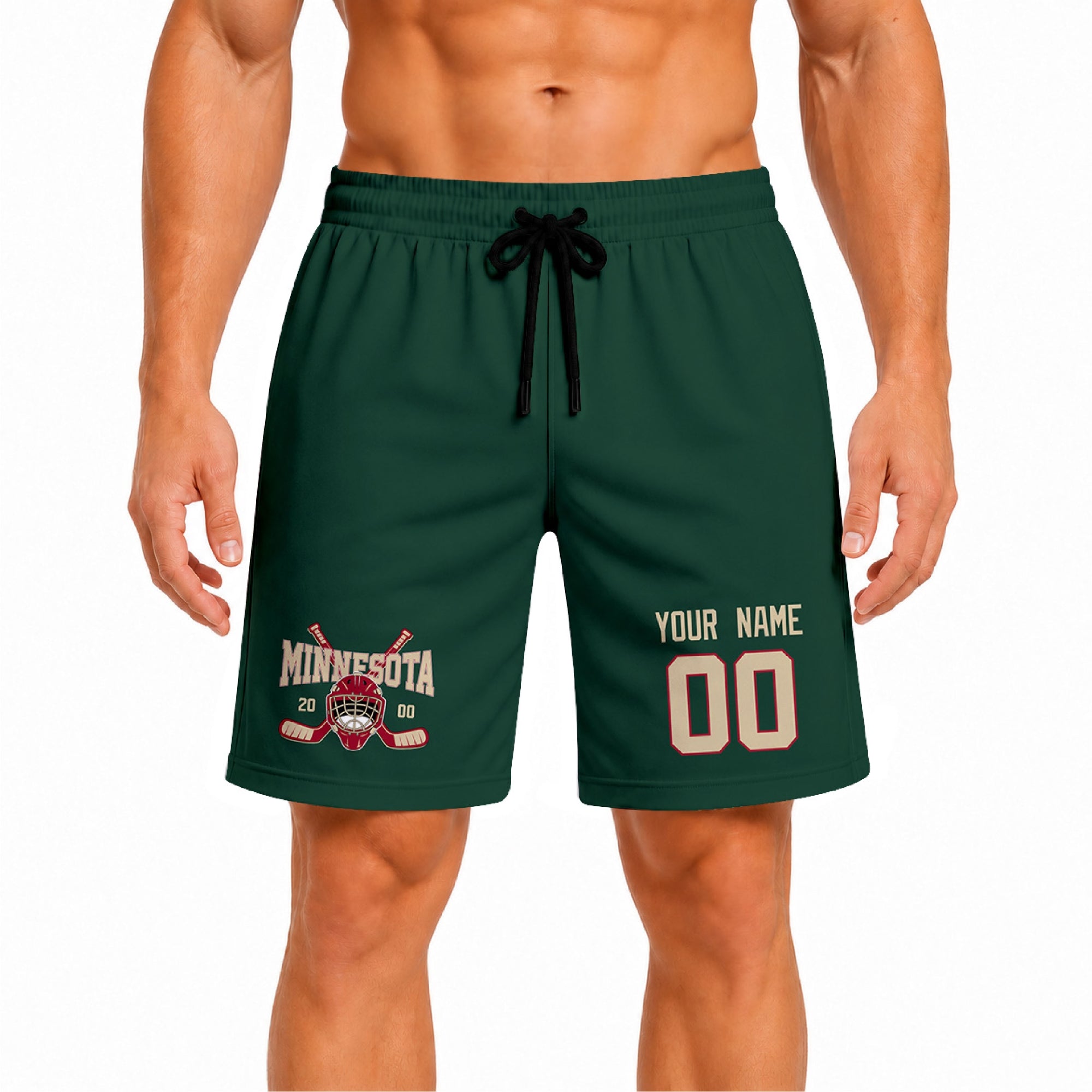 Green Minnesota-inspired hockey athletic shorts front view worn by male model, showcasing custom name, number, and team graphic
