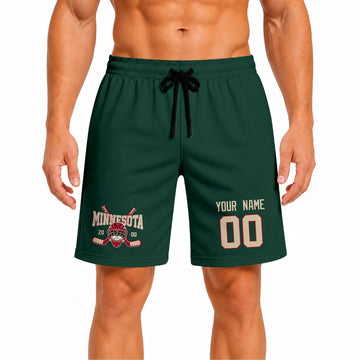 Green Minnesota-inspired hockey athletic shorts front view worn by male model, showcasing custom name, number, and team graphic