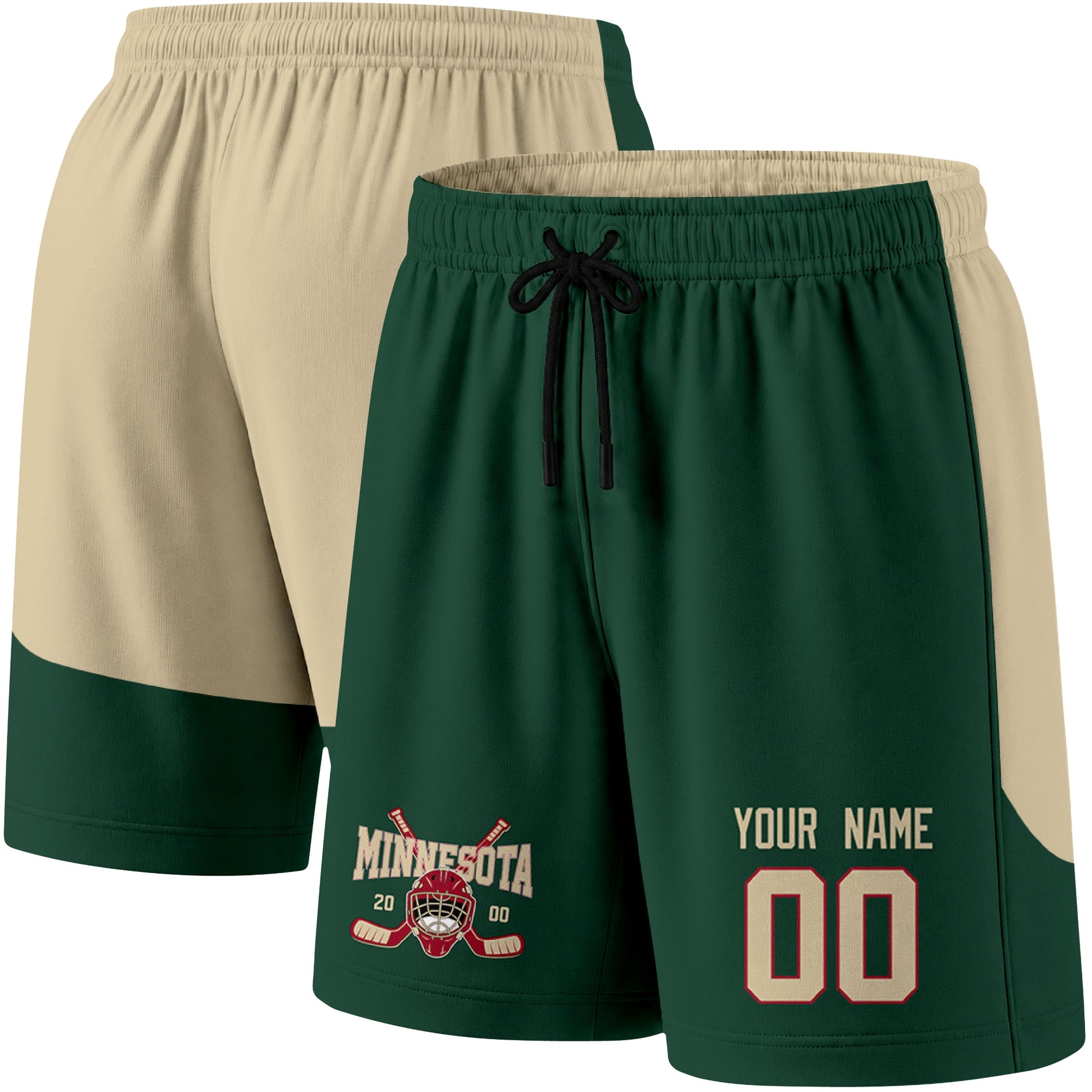 Green color variation hockey athletic shorts shown from front and back angle with elastic waistband and drawstring detail