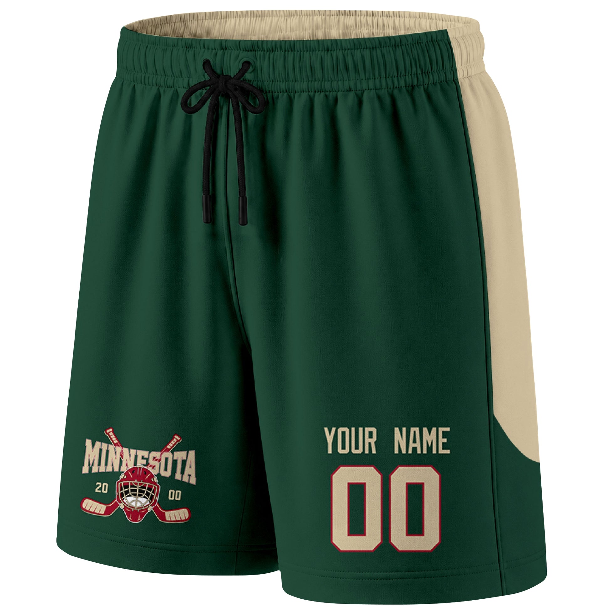 Green Minnesota-inspired hockey shorts front view with custom name and number print and hockey logo graphic