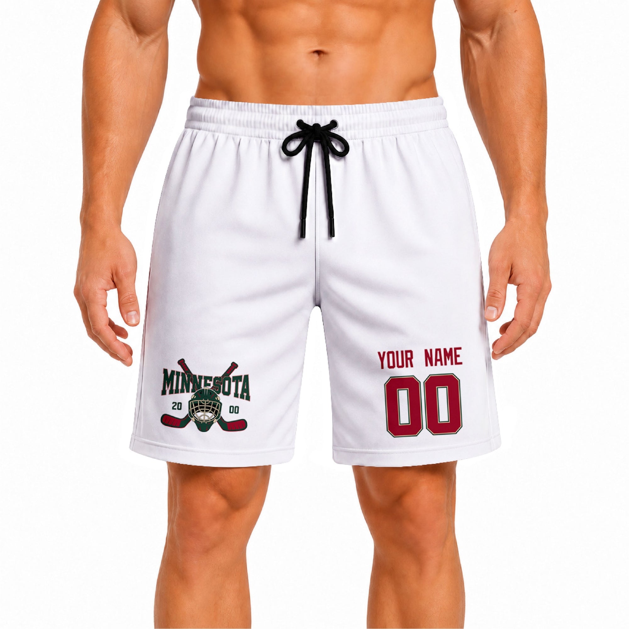 White Minnesota-inspired hockey athletic shorts front view worn by male model, showcasing custom name, number, and team graphic