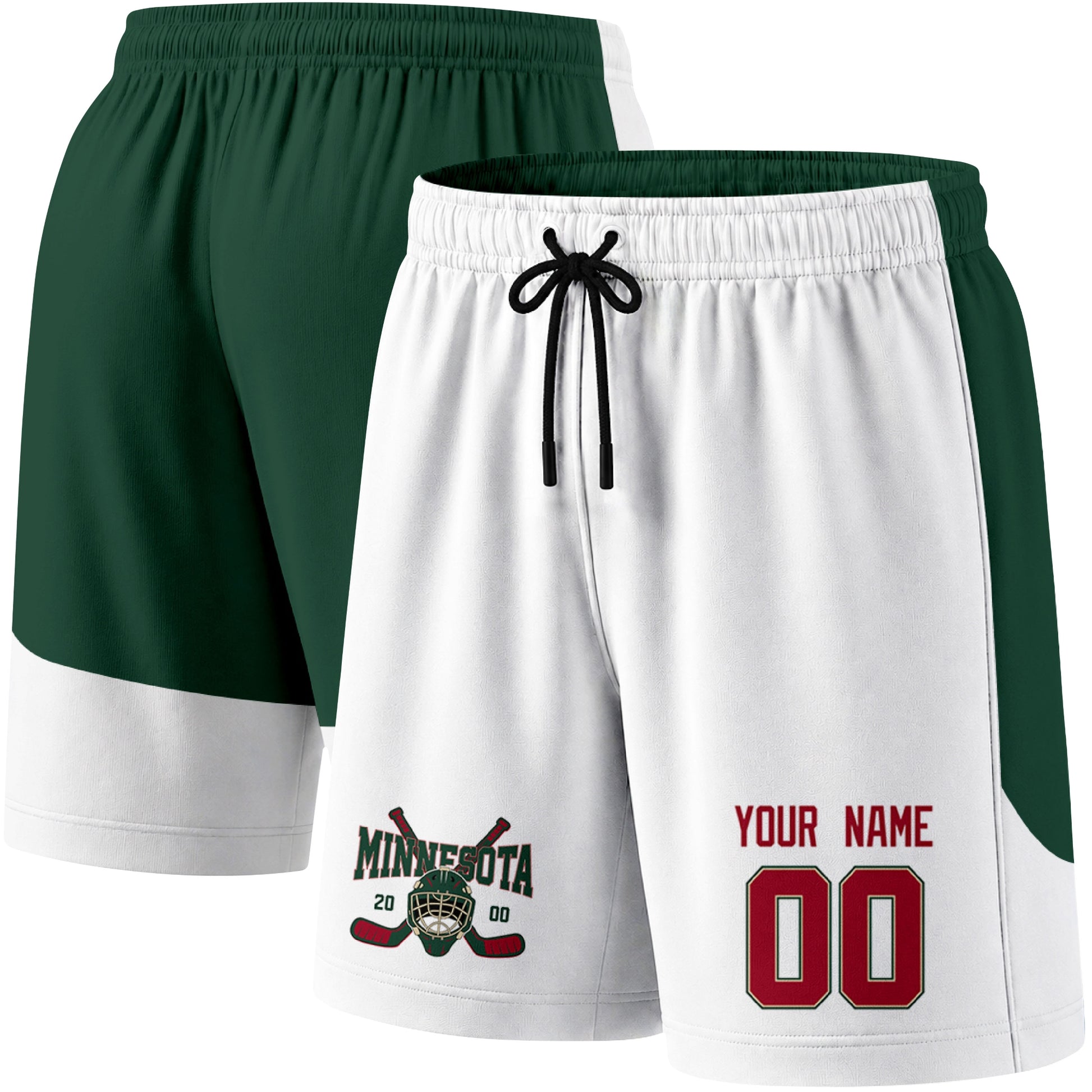 White color variation hockey athletic shorts shown from front and back angle with elastic waistband and drawstring detail