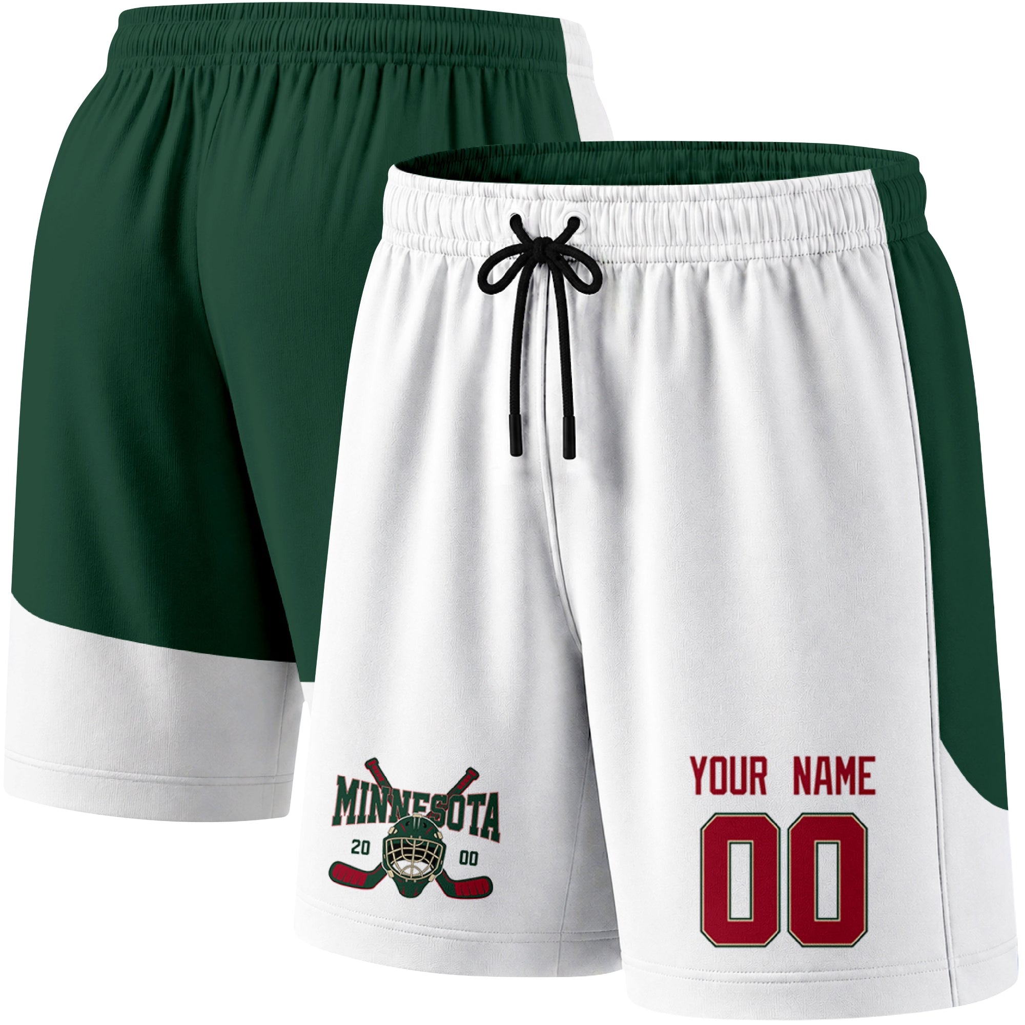 White color variation hockey athletic shorts shown from front and back angle with elastic waistband and drawstring detail