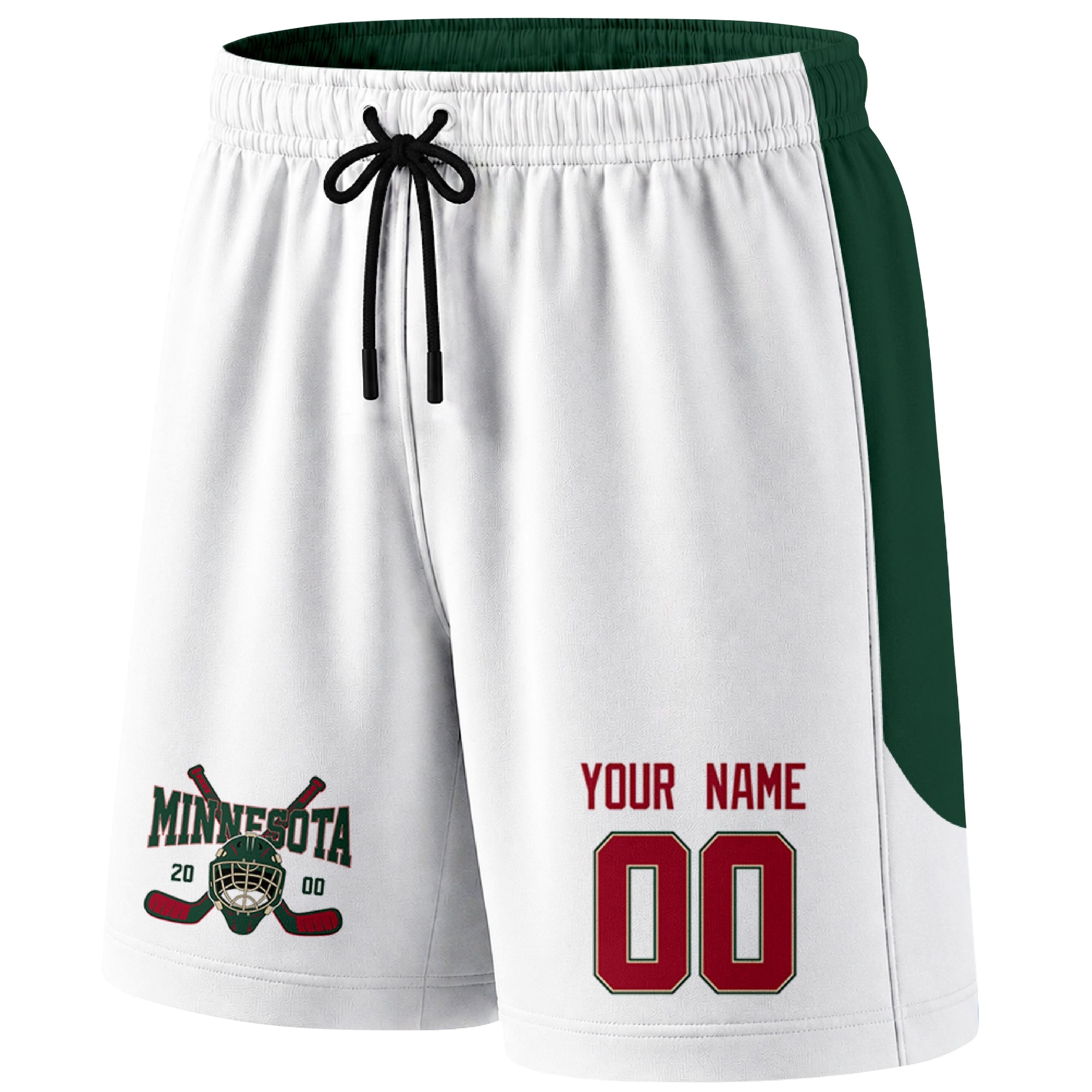 White Minnesota-inspired hockey shorts front view with custom name and number print and hockey logo graphic