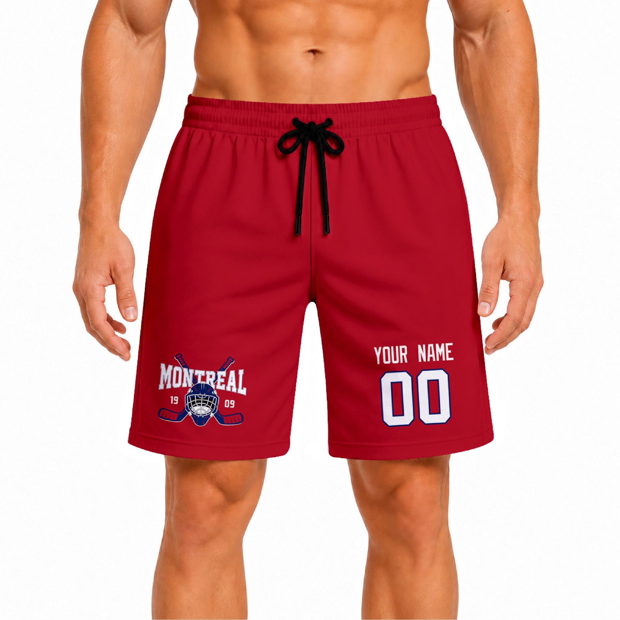 Red Montreal-inspired hockey athletic shorts front view worn by male model, showcasing custom name, number, and team graphic