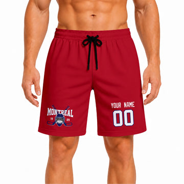 Red Montreal-inspired hockey athletic shorts front view worn by male model, showcasing custom name, number, and team graphic