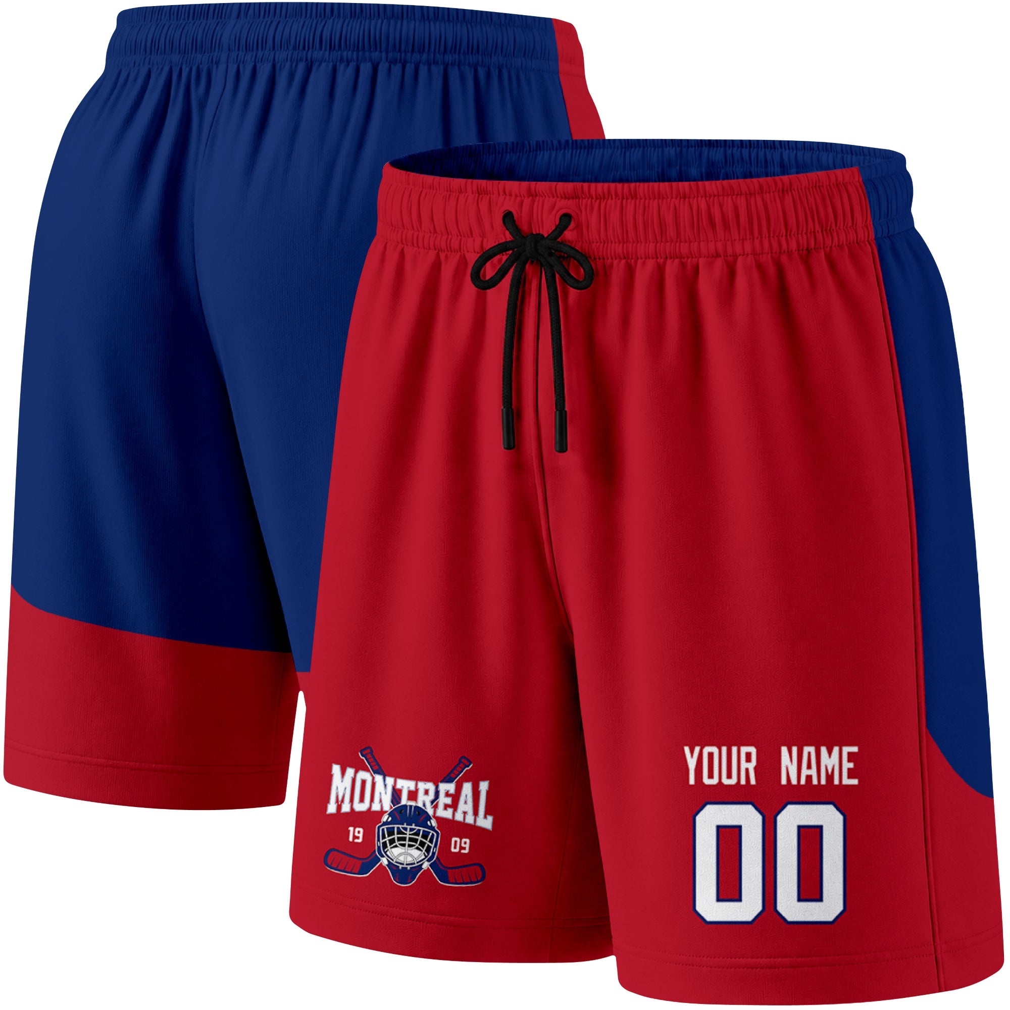 Red color variation hockey athletic shorts shown from front and back angle with elastic waistband and drawstring detail
