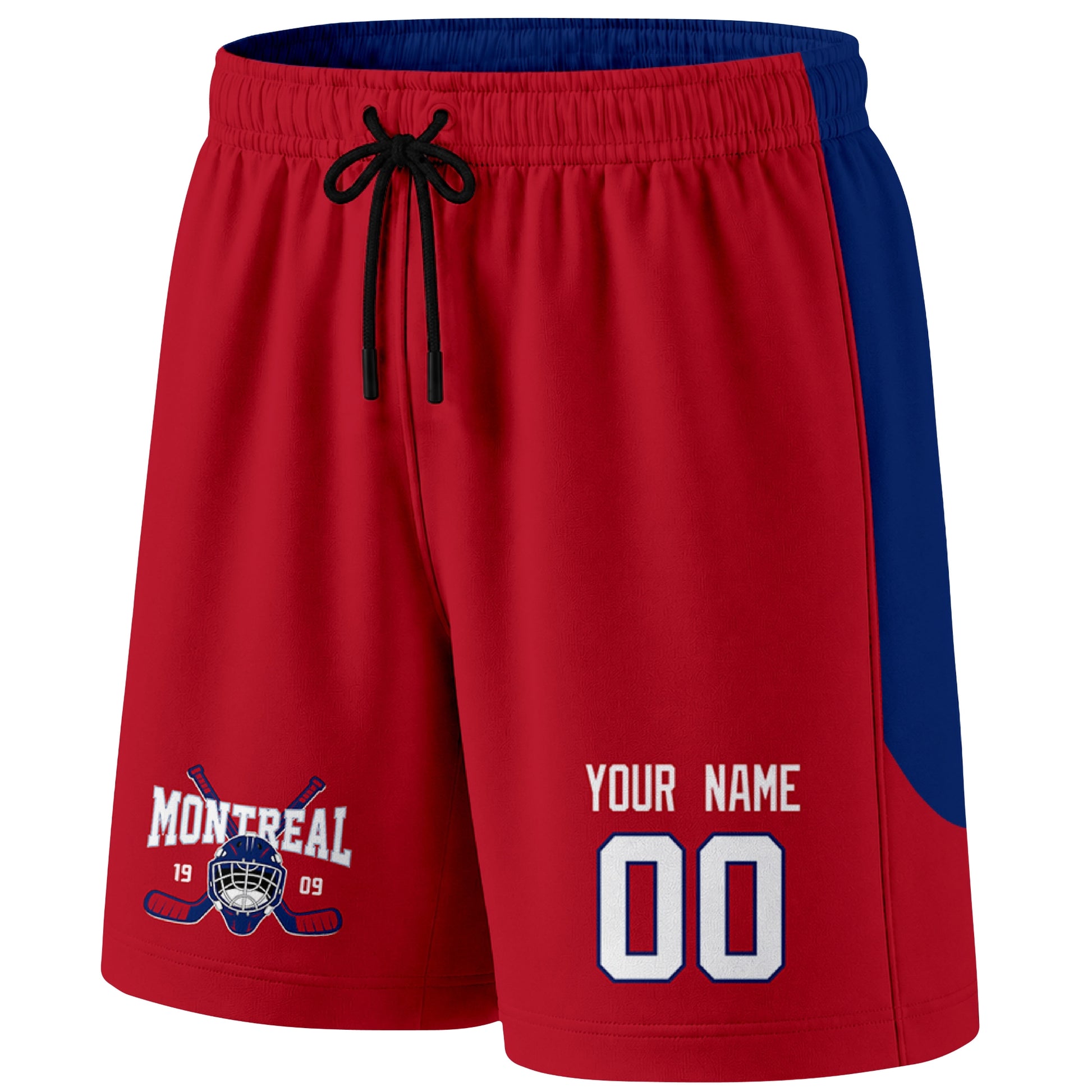 Red Montreal-inspired hockey shorts front view with custom name and number print and hockey logo graphic