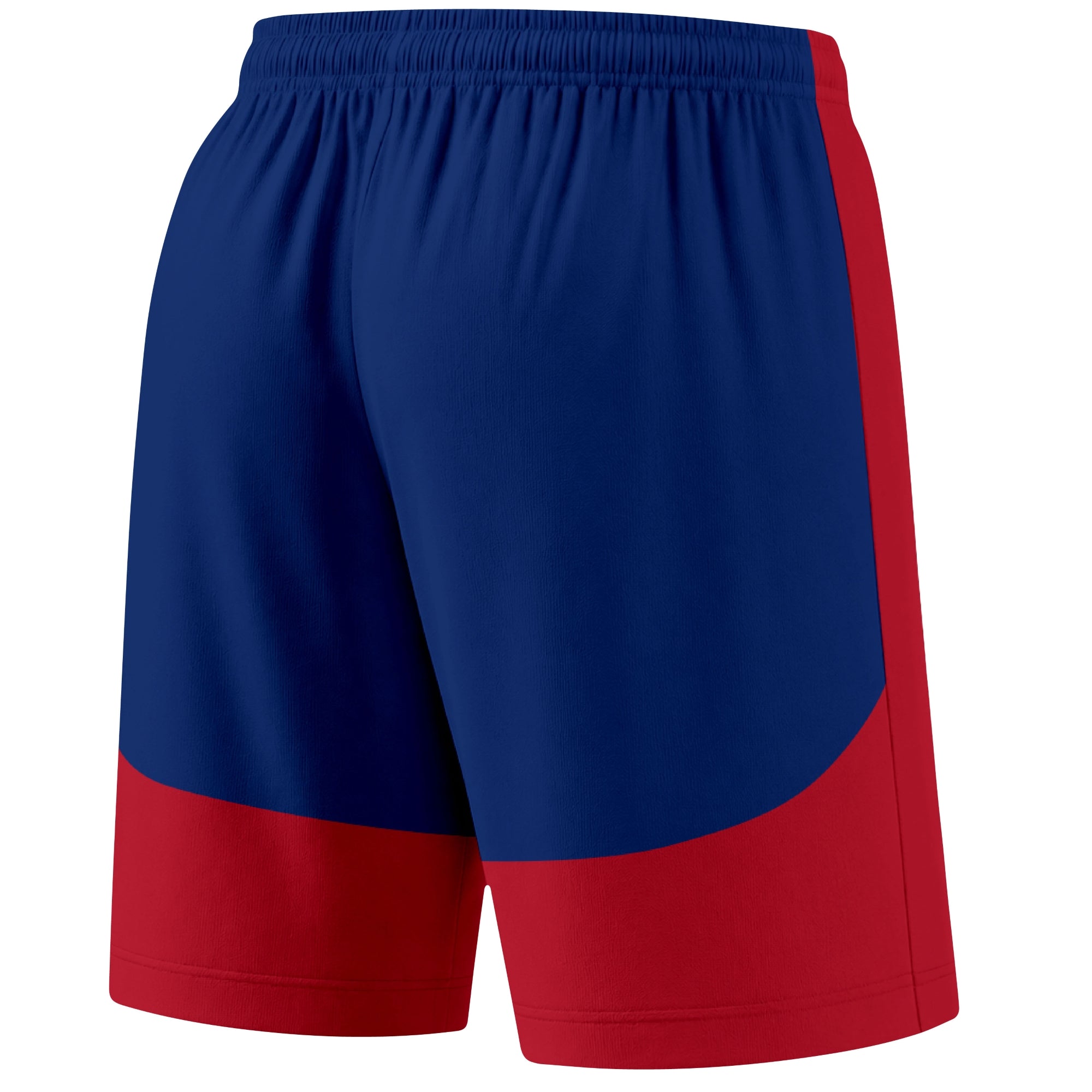 Red color block hockey athletic shorts back and angled view highlighting breathable fabric and athletic fit design