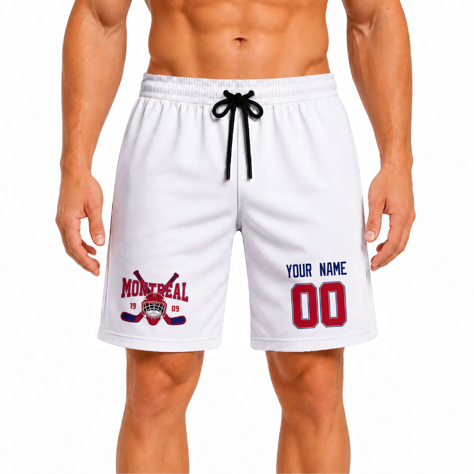 White Montreal-inspired hockey athletic shorts front view worn by male model, showcasing custom name, number, and team graphic