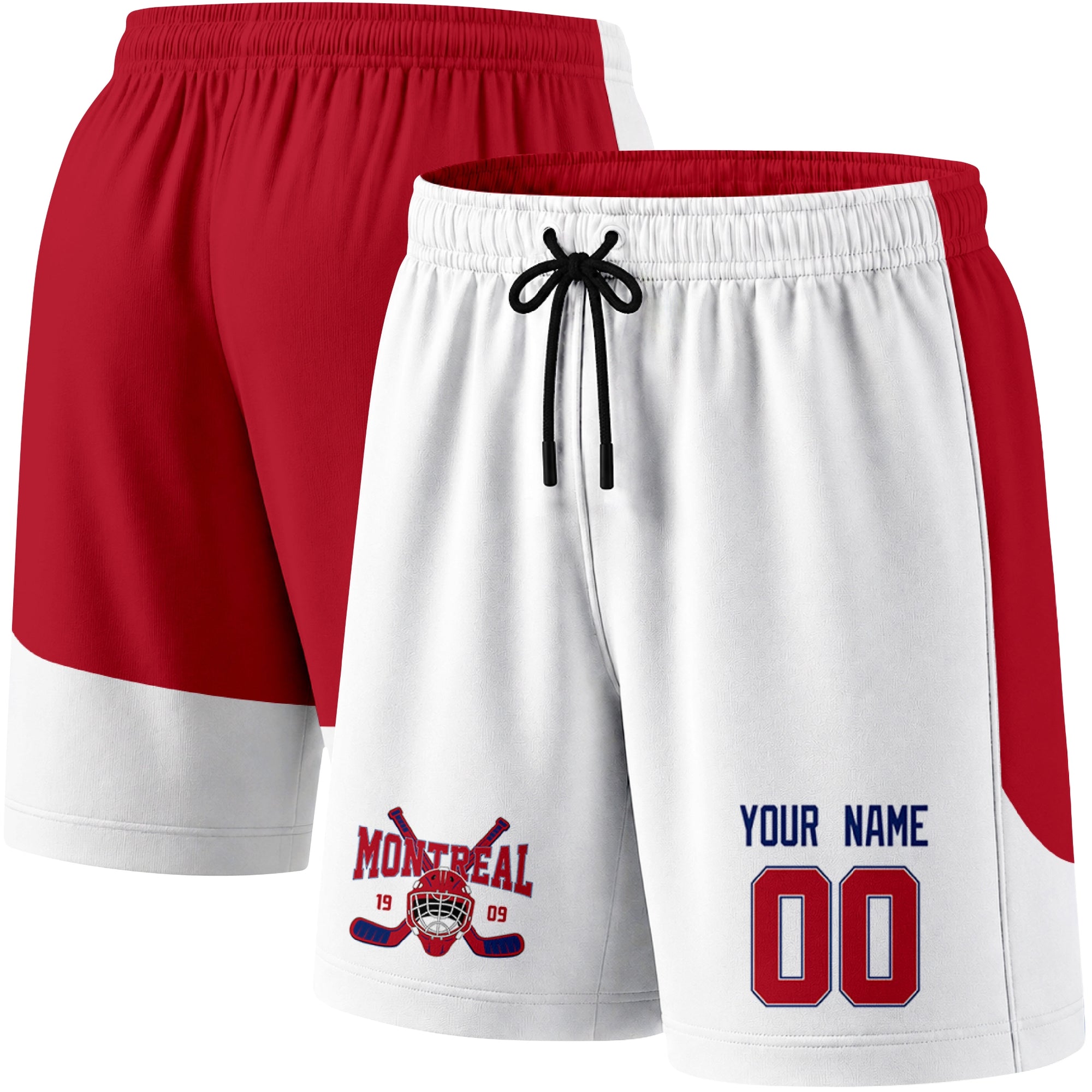 White color variation hockey athletic shorts shown from front and back angle with elastic waistband and drawstring detail