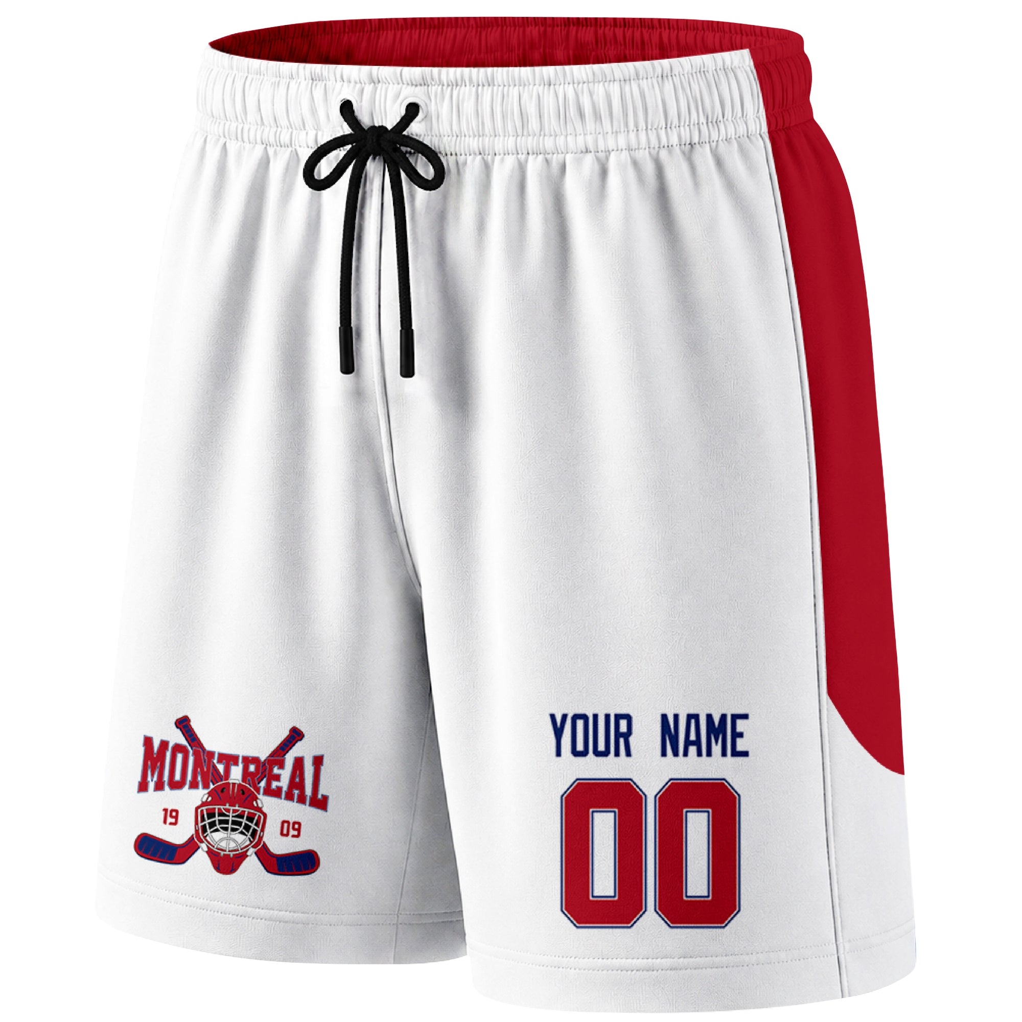 White Montreal-inspired hockey shorts front view with custom name and number print and hockey logo graphic