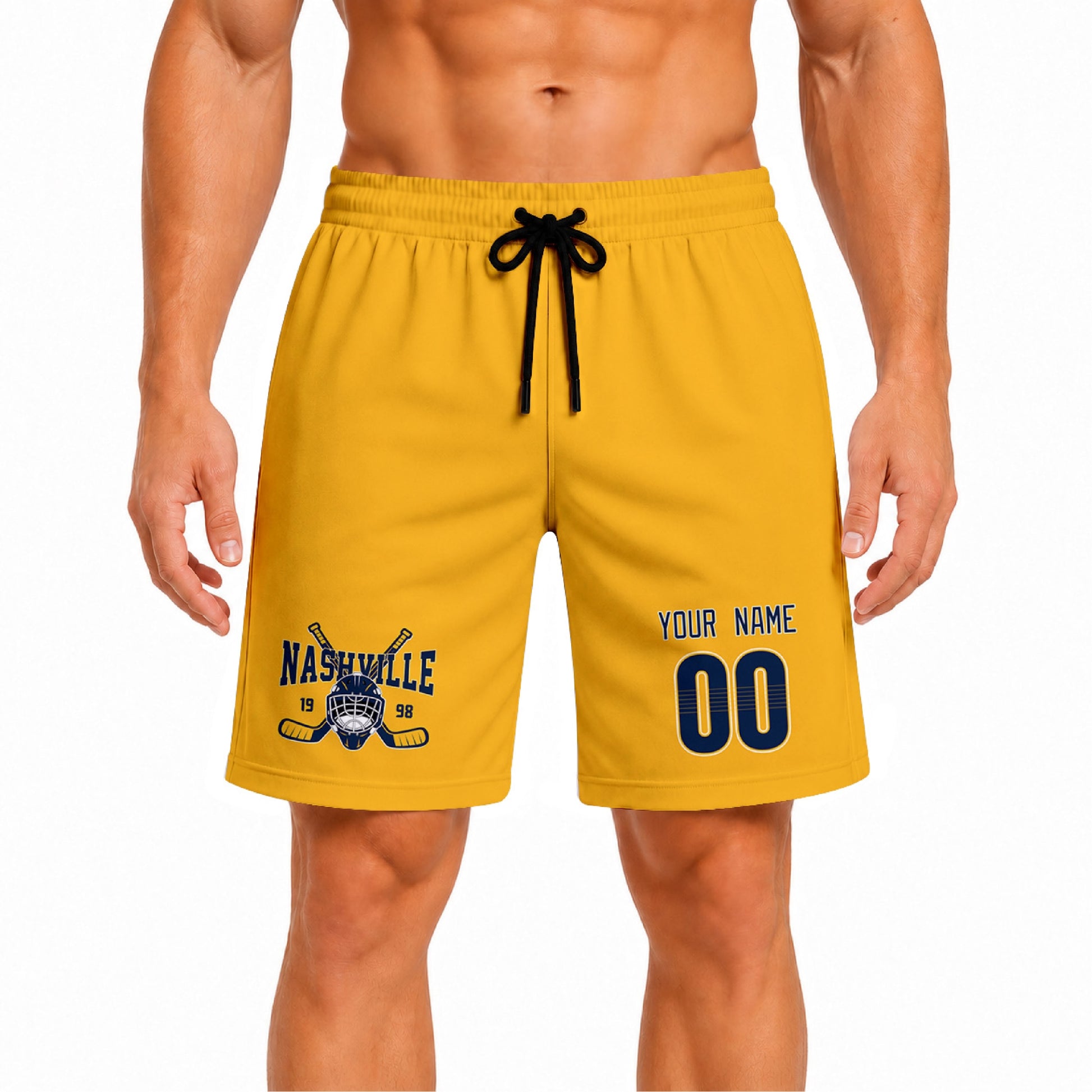 Gold Nashville-inspired hockey athletic shorts front view worn by male model, showcasing custom name, number, and team graphic