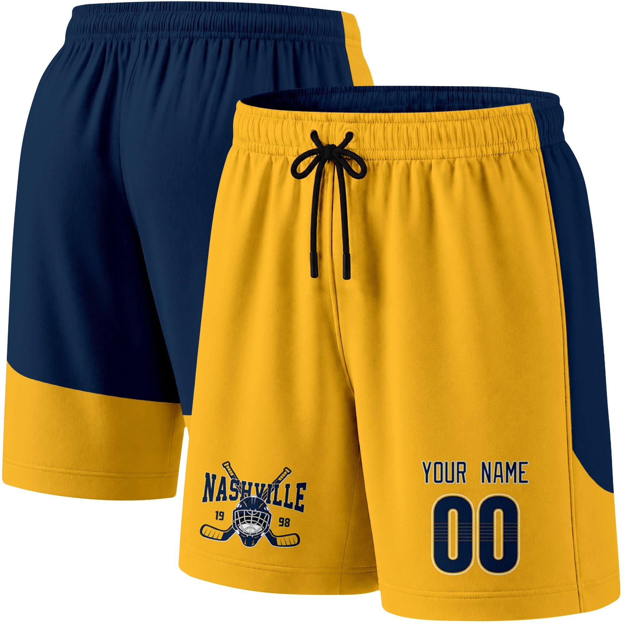 Gold color variation hockey athletic shorts shown from front and back angle with elastic waistband and drawstring detail
