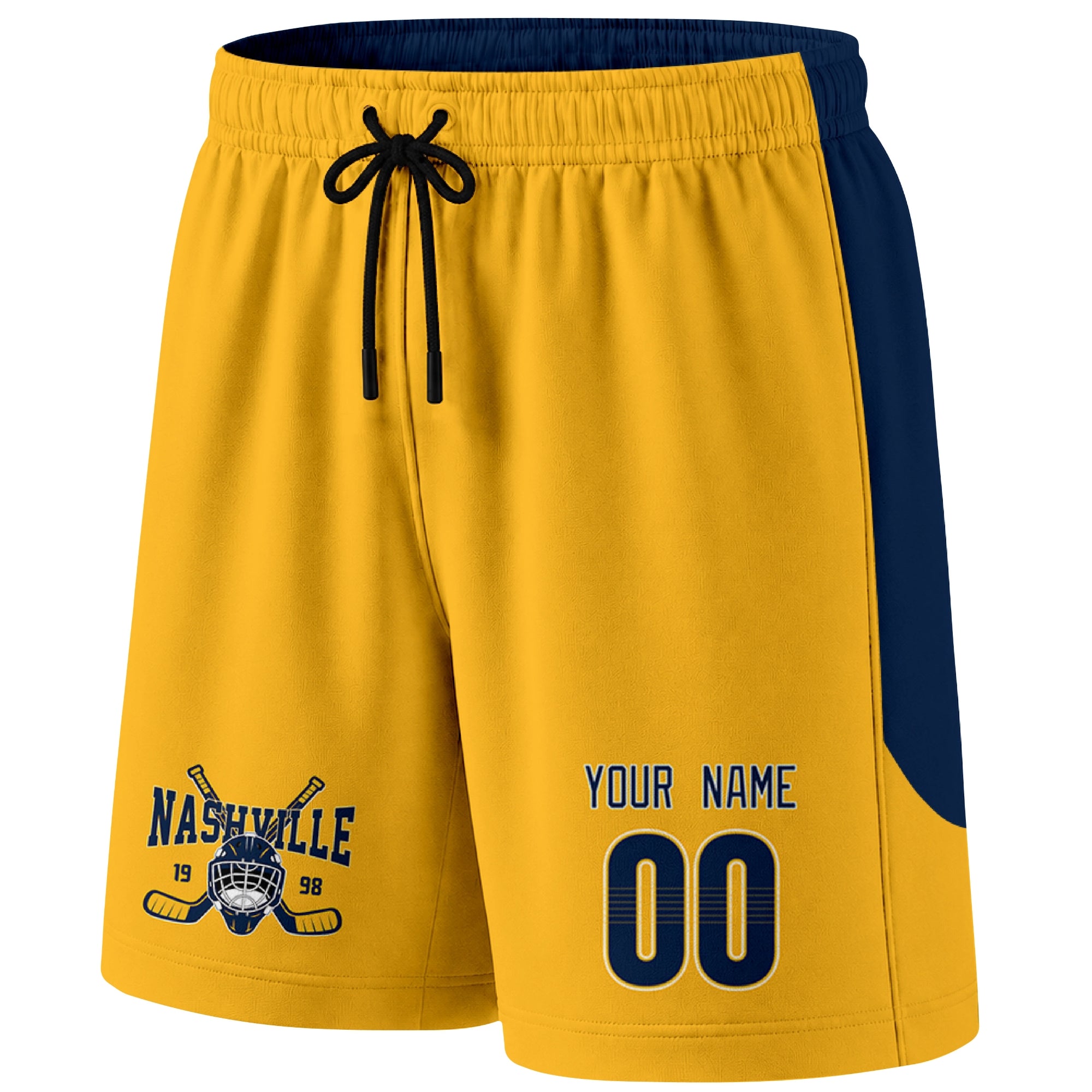 Gold Nashville-inspired hockey shorts front view with custom name and number print and hockey logo graphic