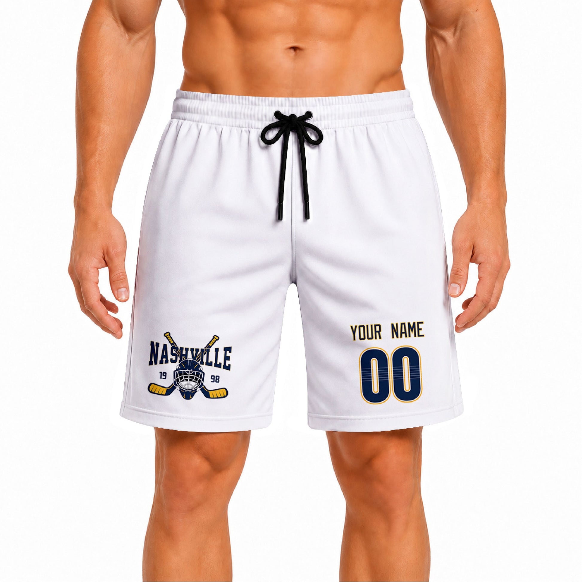 White Nashville-inspired hockey athletic shorts front view worn by male model, showcasing custom name, number, and team graphic